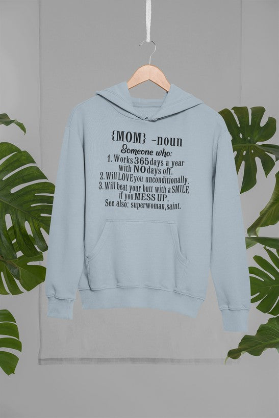 Mom Noun Hoodie featuring unique artistic designs, adjustable hood, and cozy fleece lining.