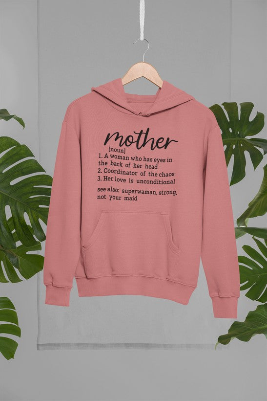 A cozy Mom Noun Mom Hoodie featuring a stylish design, adjustable hood, and soft fleece lining, perfect for expressing love for mothers.