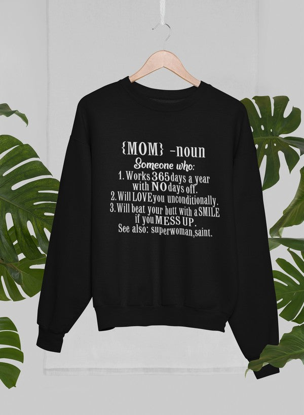 A cozy Mom Noun Sweat Shirt made from a soft cotton/poly fleece blend, featuring adjustable banded cuffs and unique artistic designs.