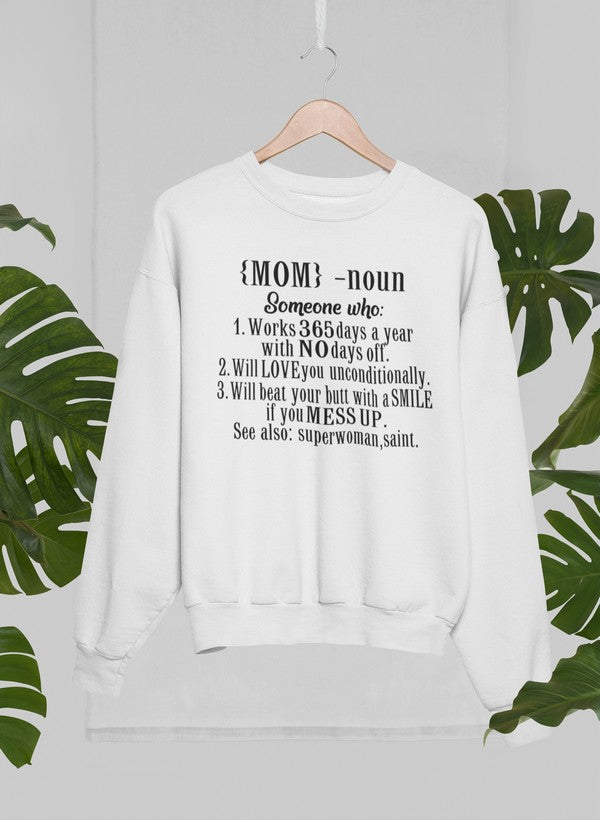 A cozy Mom Noun Sweat Shirt made from a soft cotton/poly fleece blend, featuring adjustable banded cuffs and unique artistic designs.