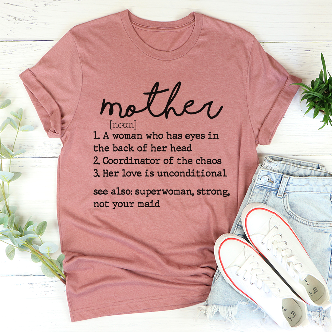 Mom Noun T-Shirt made of soft ring-spun cotton, featuring double stitching for durability, available in various sizes.