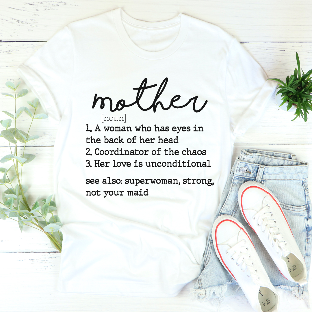 Mom Noun T-Shirt made of soft ring-spun cotton, featuring double stitching for durability, available in various sizes.