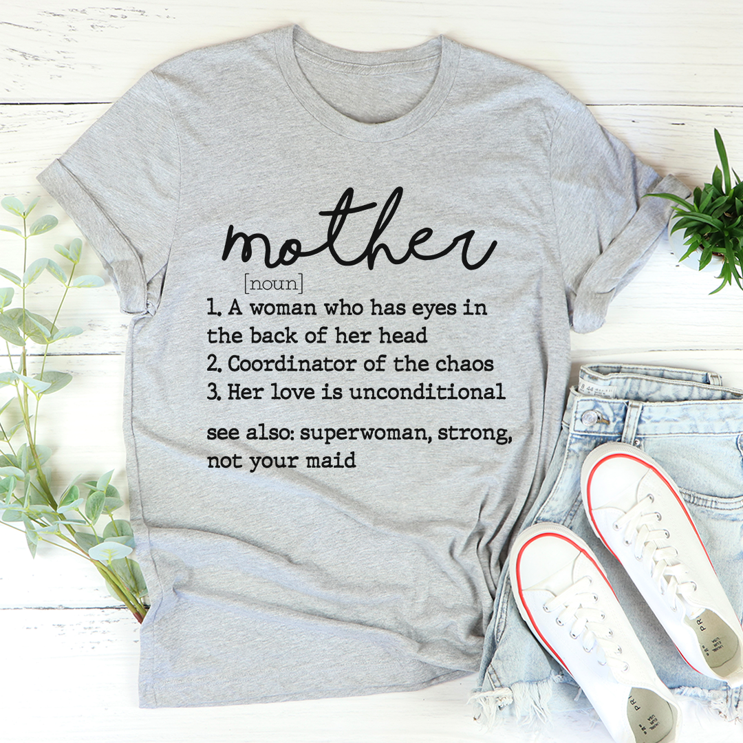 Mom Noun T-Shirt made of soft ring-spun cotton, featuring double stitching for durability, available in various sizes.