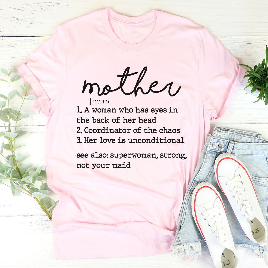 Mom Noun T-Shirt made of soft ring-spun cotton, featuring double stitching for durability, available in various sizes.