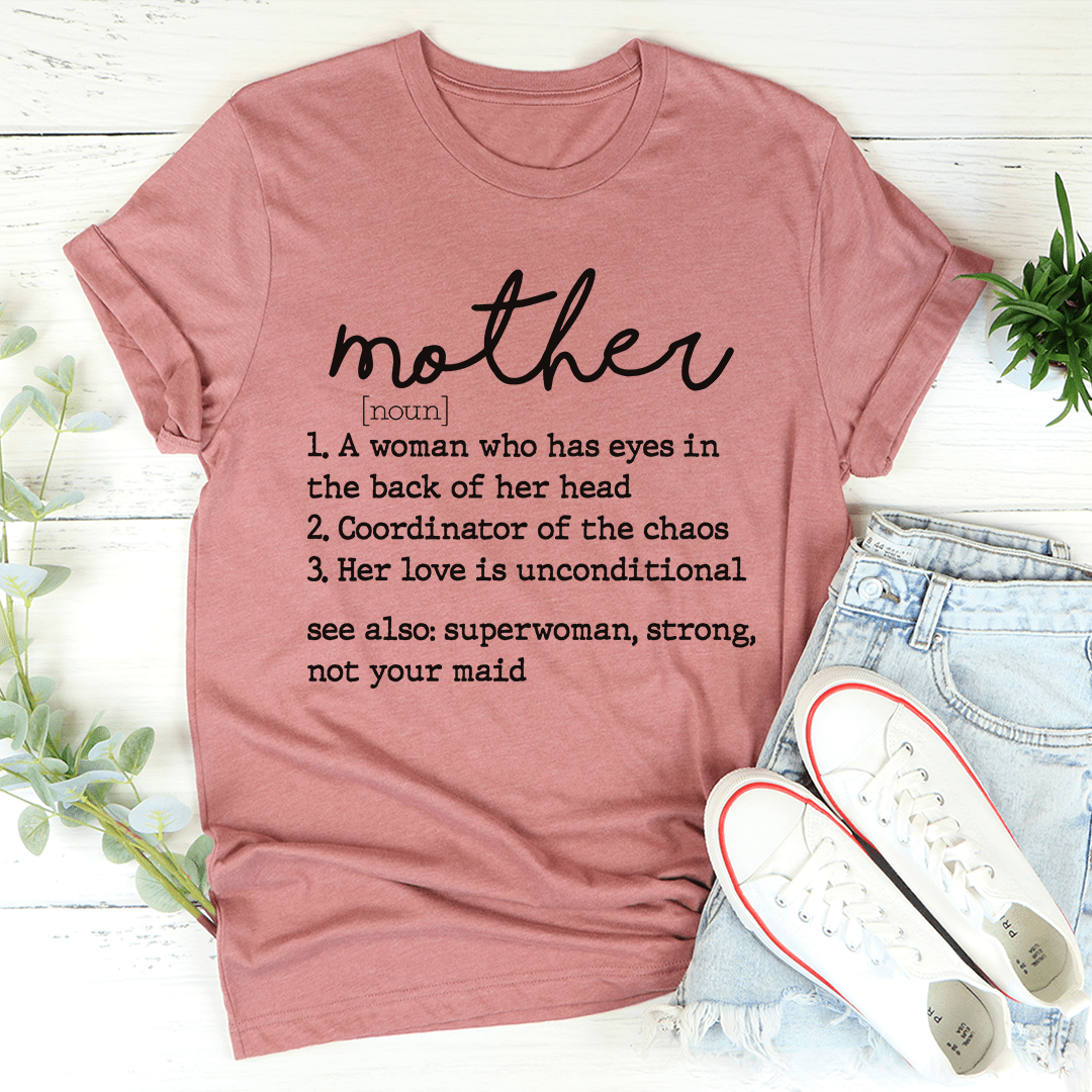 Mom Noun T-Shirt made of soft ring-spun cotton, featuring double stitching for durability, available in various sizes.