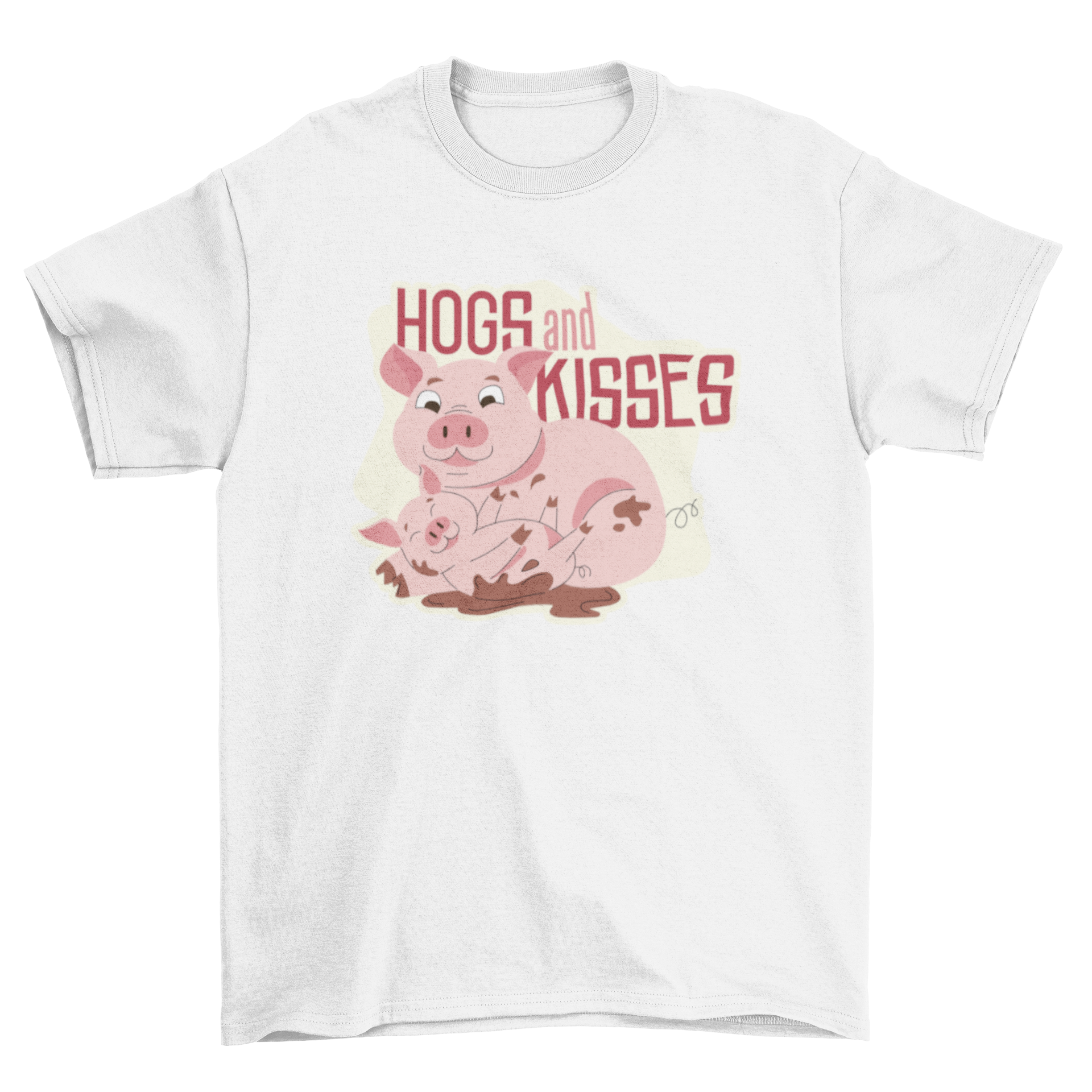 Mom Pig Quote T-shirt featuring a cute illustration of a mother pig and her piglet with the quote 'Hogs and Kisses'.