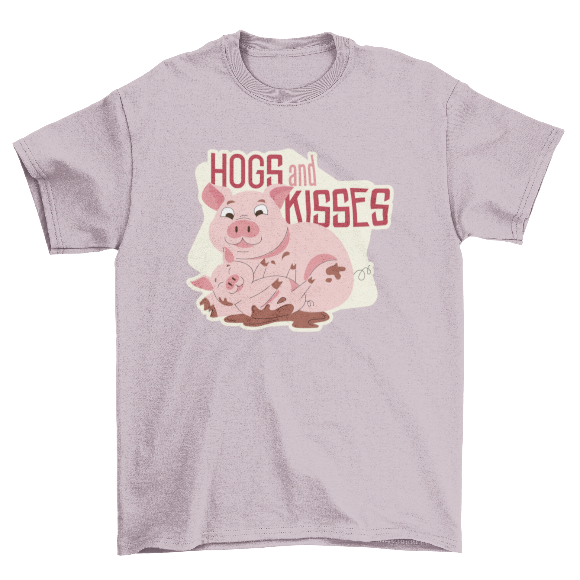 Mom Pig Quote T-shirt featuring a cute illustration of a mother pig and her piglet with the quote 'Hogs and Kisses'.