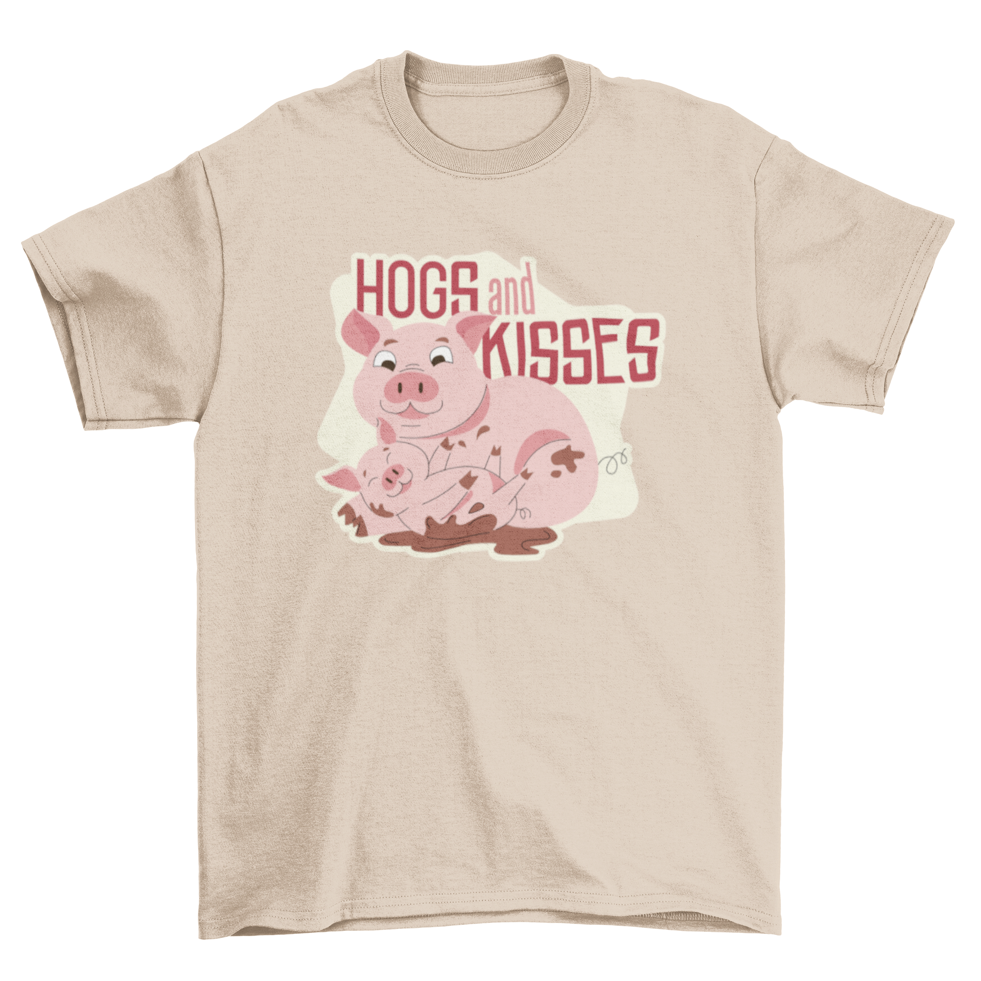 Mom Pig Quote T-shirt featuring a cute illustration of a mother pig and her piglet with the quote 'Hogs and Kisses'.