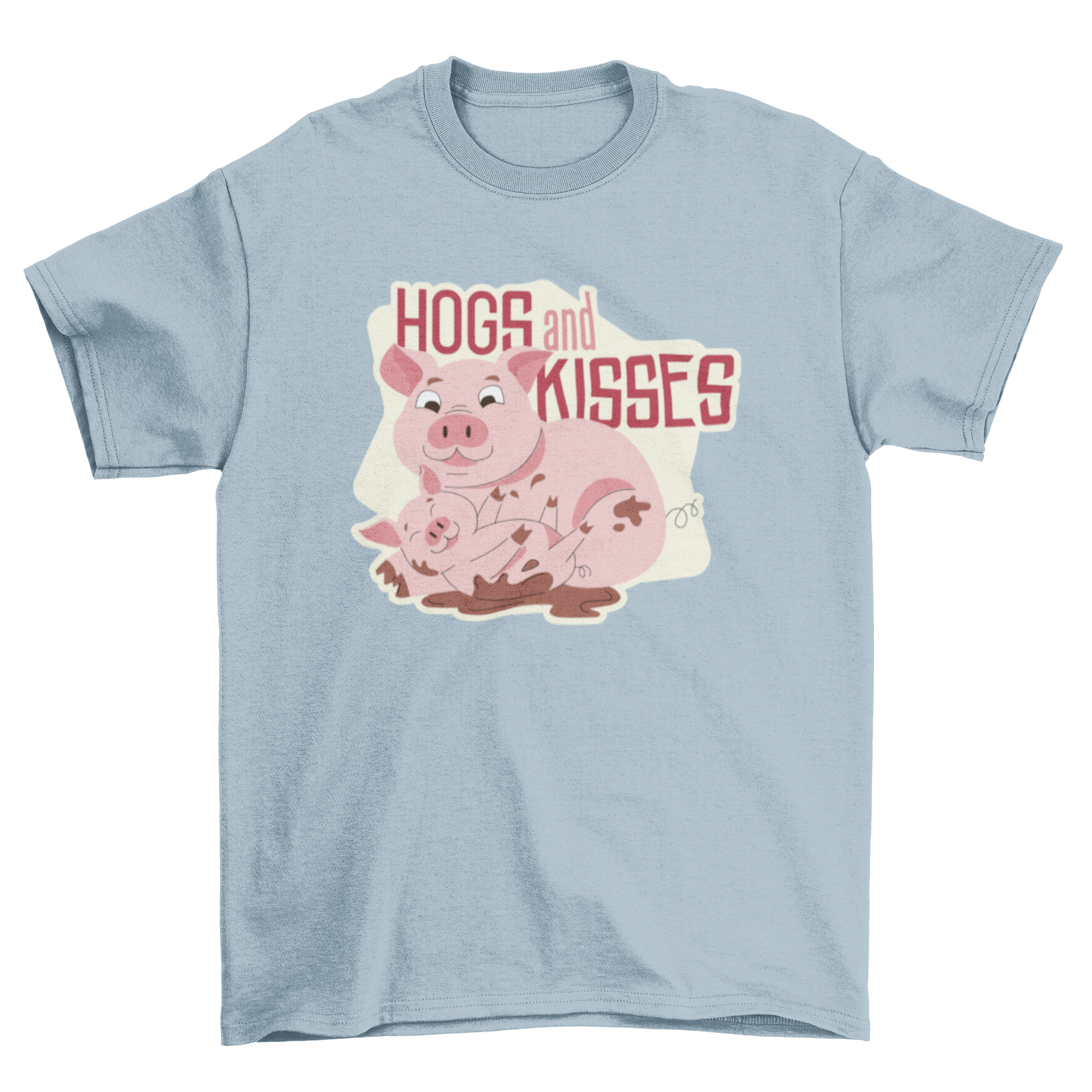 Mom Pig Quote T-shirt featuring a cute illustration of a mother pig and her piglet with the quote 'Hogs and Kisses'.