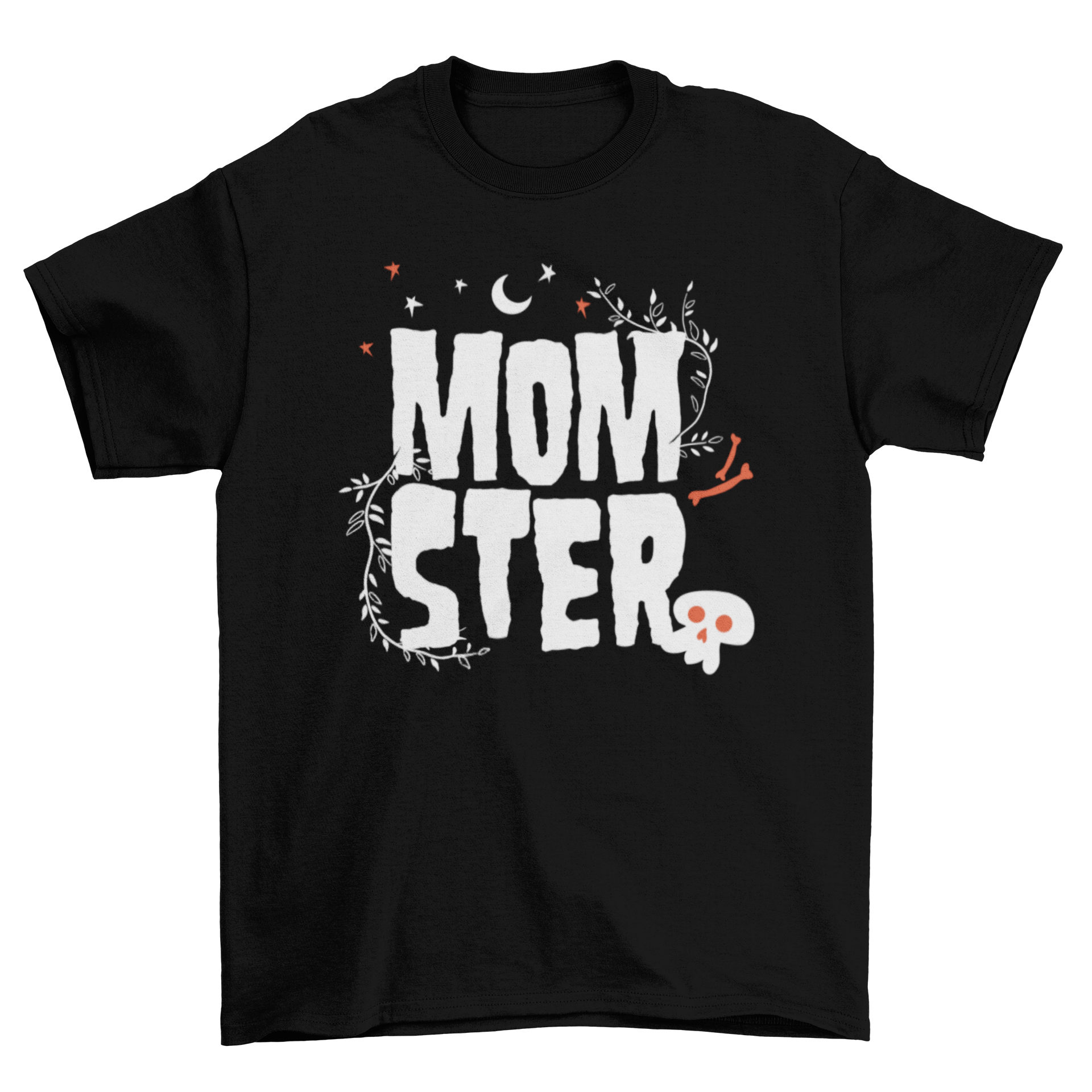 Momster t-shirt featuring spooky lettering with skull bones, a moon, and stars, perfect for Halloween.