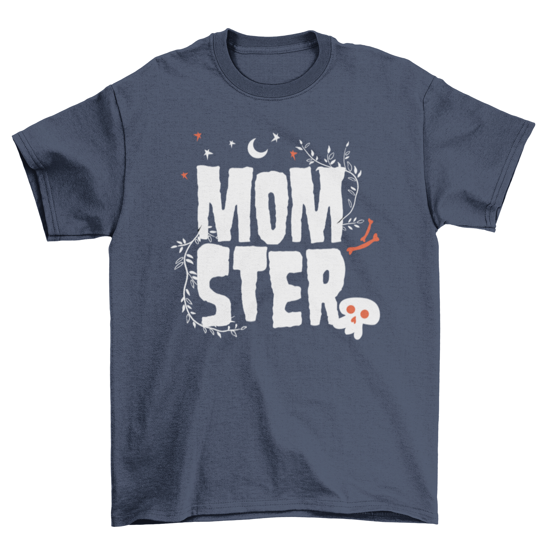 Momster t-shirt featuring spooky lettering with skull bones, a moon, and stars, perfect for Halloween.