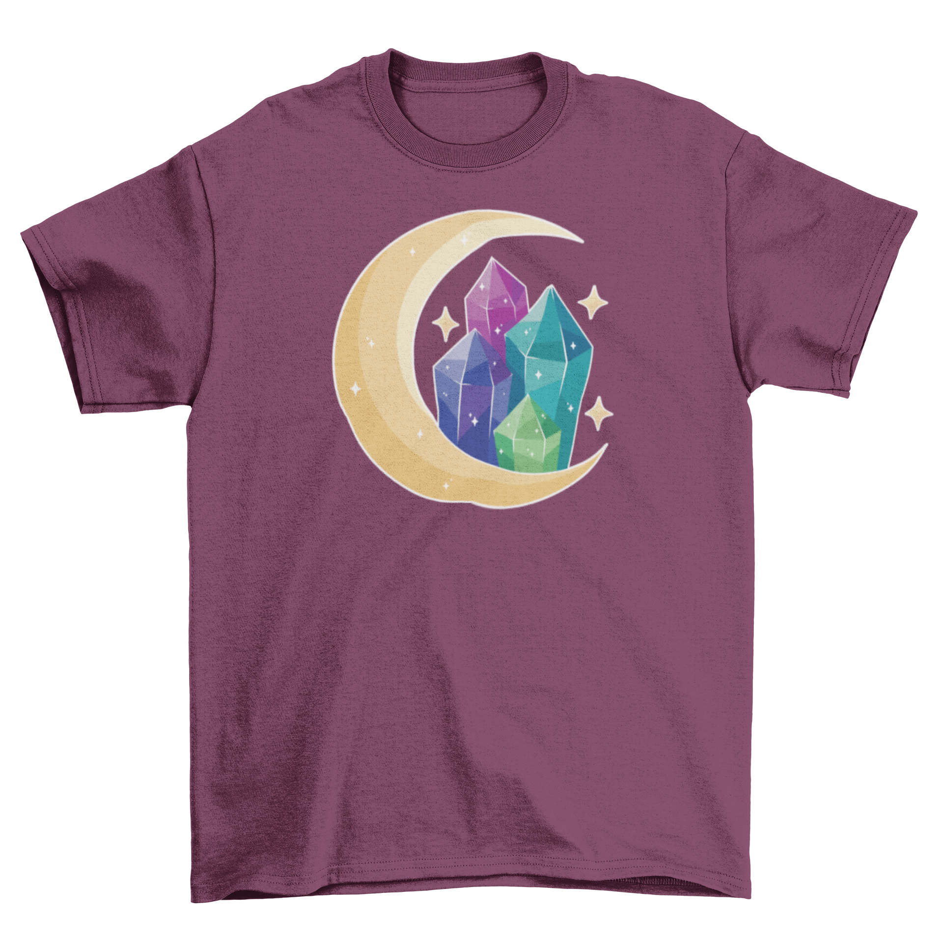 A stylish t-shirt featuring a colorful moon and crystal design, perfect for casual wear.