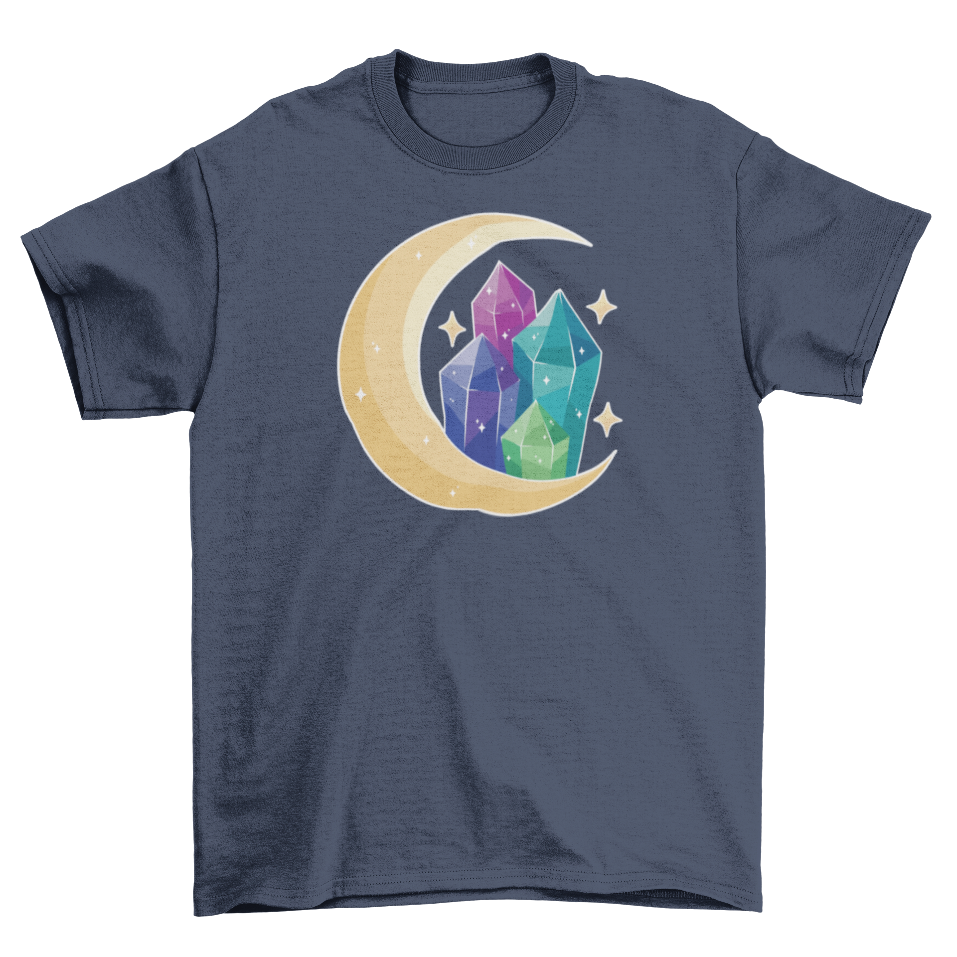 A stylish t-shirt featuring a colorful moon and crystal design, perfect for casual wear.