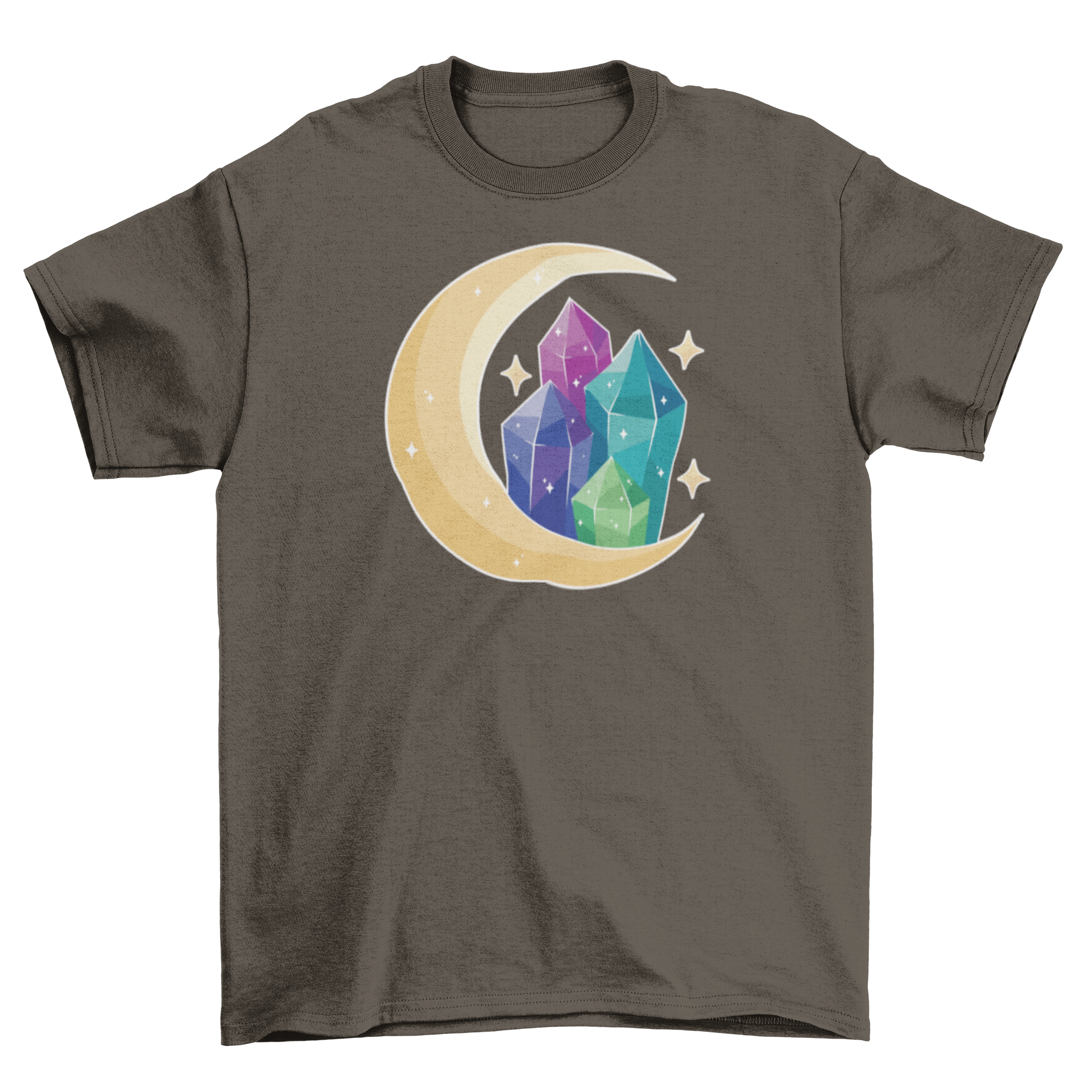 A stylish t-shirt featuring a colorful moon and crystal design, perfect for casual wear.