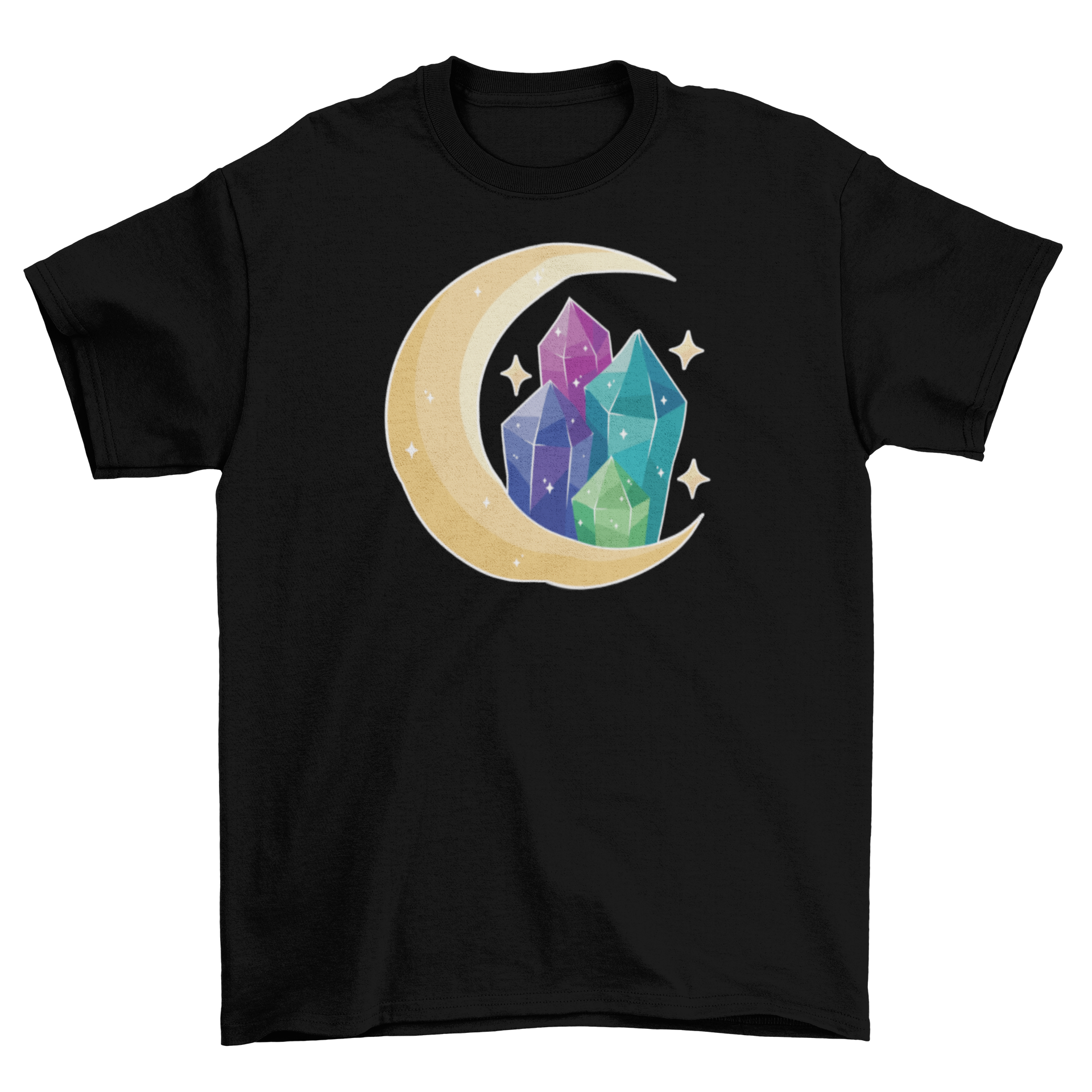 A stylish t-shirt featuring a colorful moon and crystal design, perfect for casual wear.