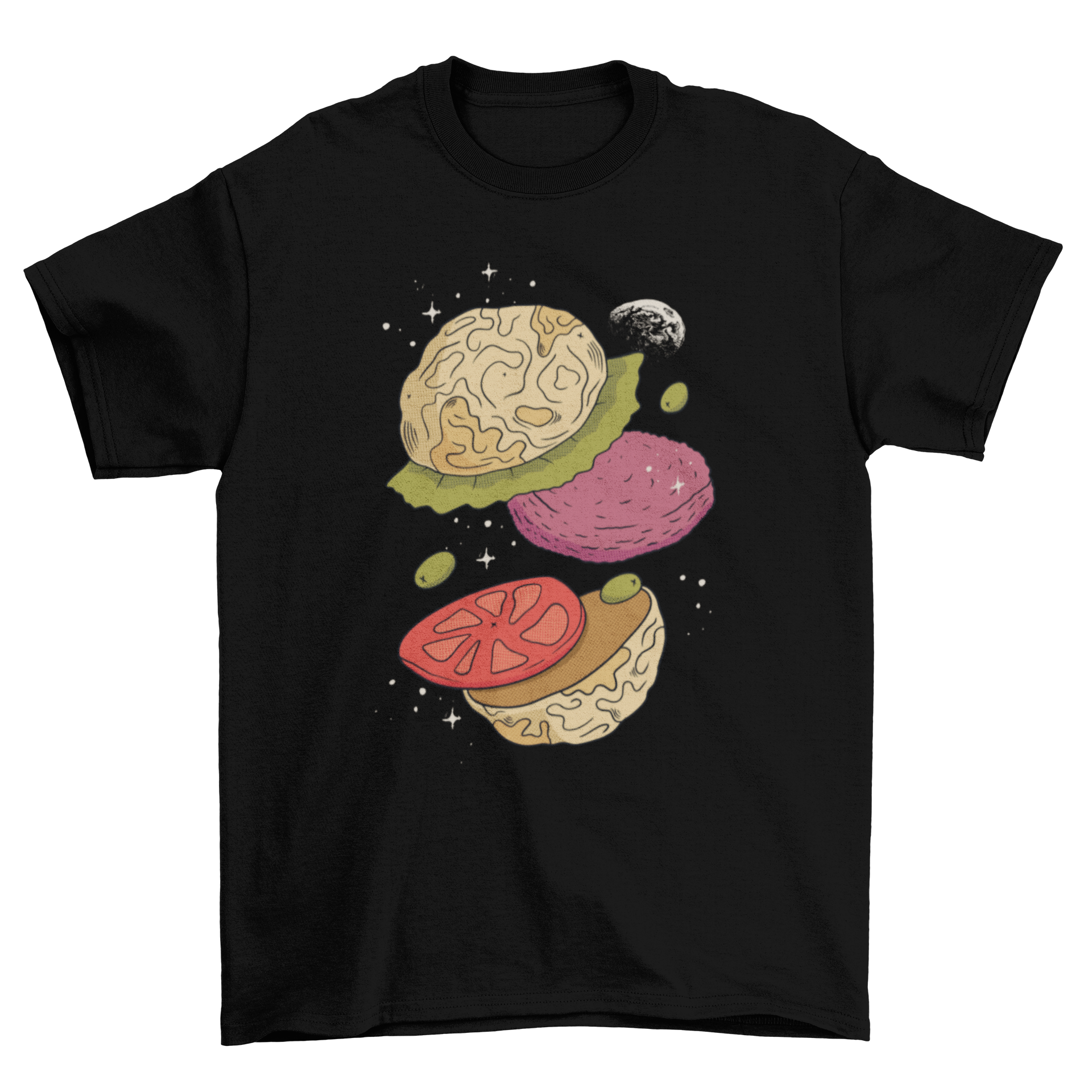 Moon Burger T-shirt featuring a whimsical burger design with moon buns, perfect for casual wear.