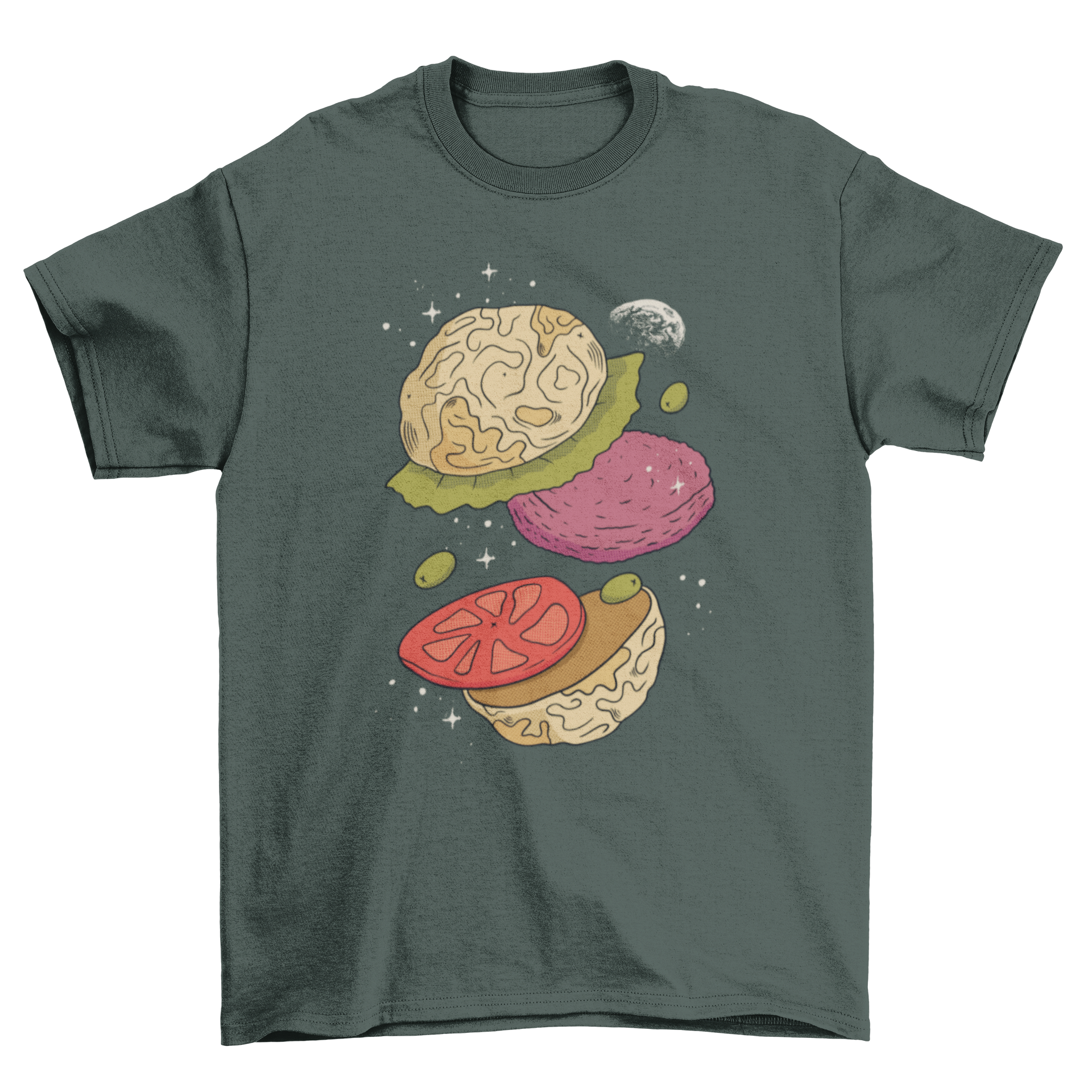 Moon Burger T-shirt featuring a whimsical burger design with moon buns, perfect for casual wear.