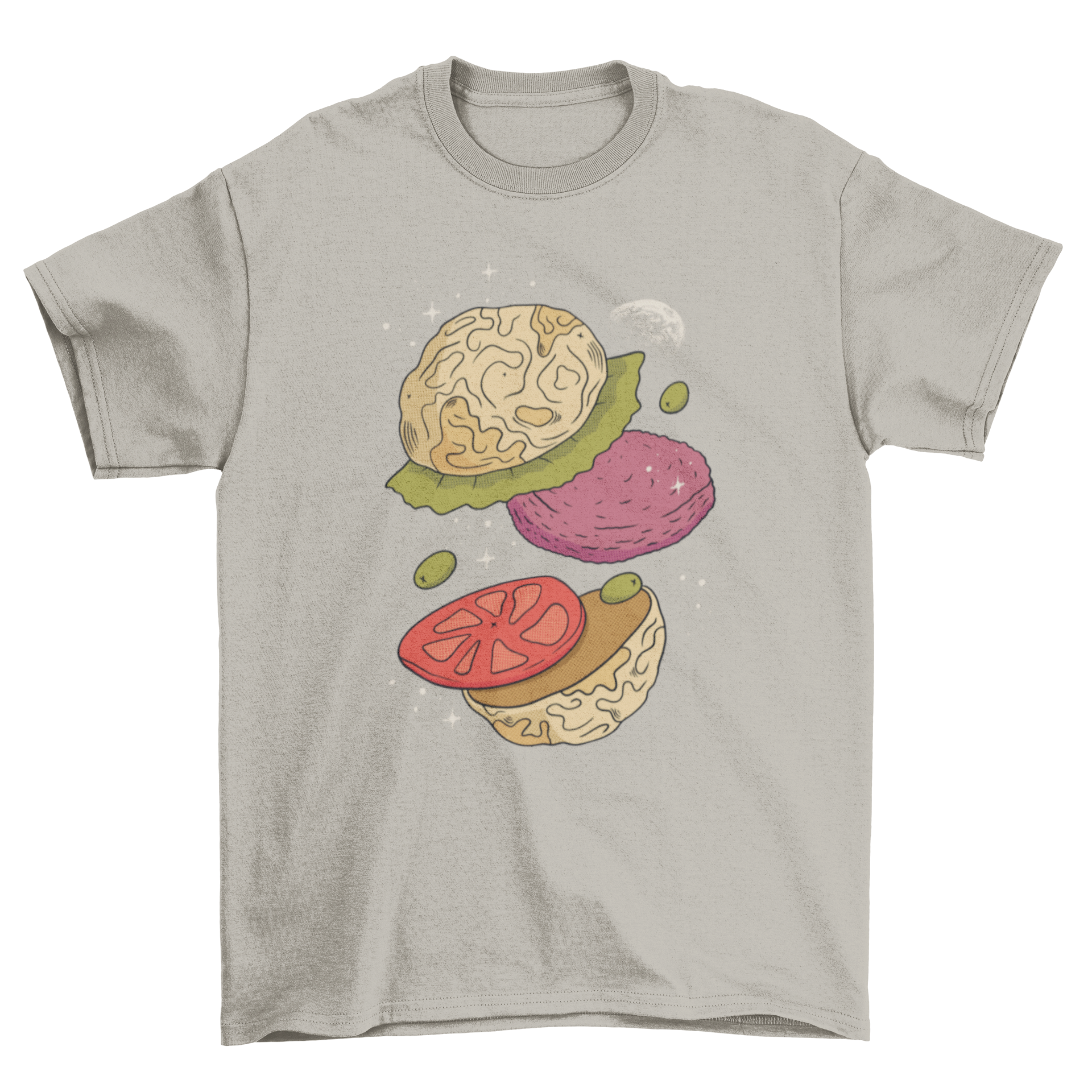 Moon Burger T-shirt featuring a whimsical burger design with moon buns, perfect for casual wear.