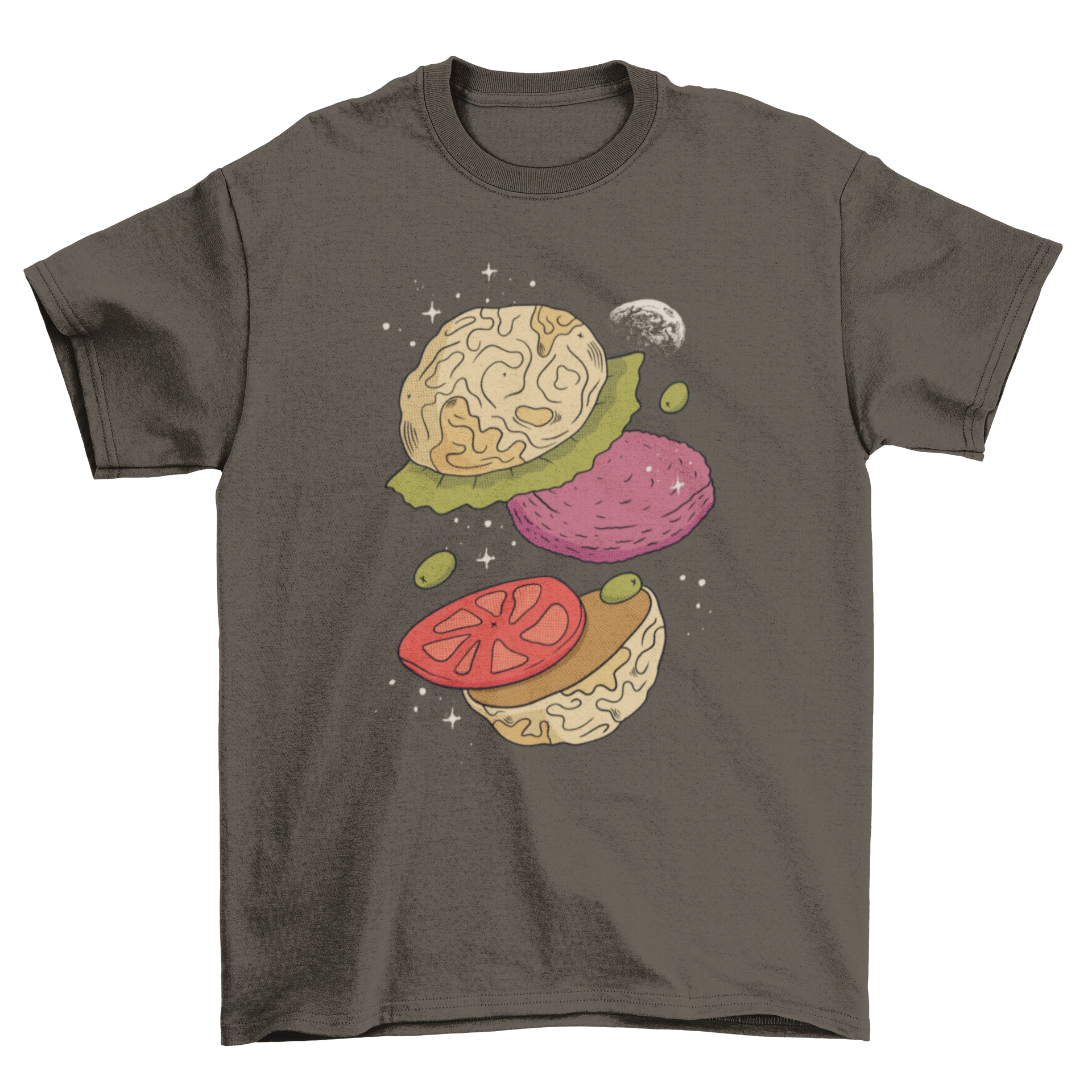 Moon Burger T-shirt featuring a whimsical burger design with moon buns, perfect for casual wear.