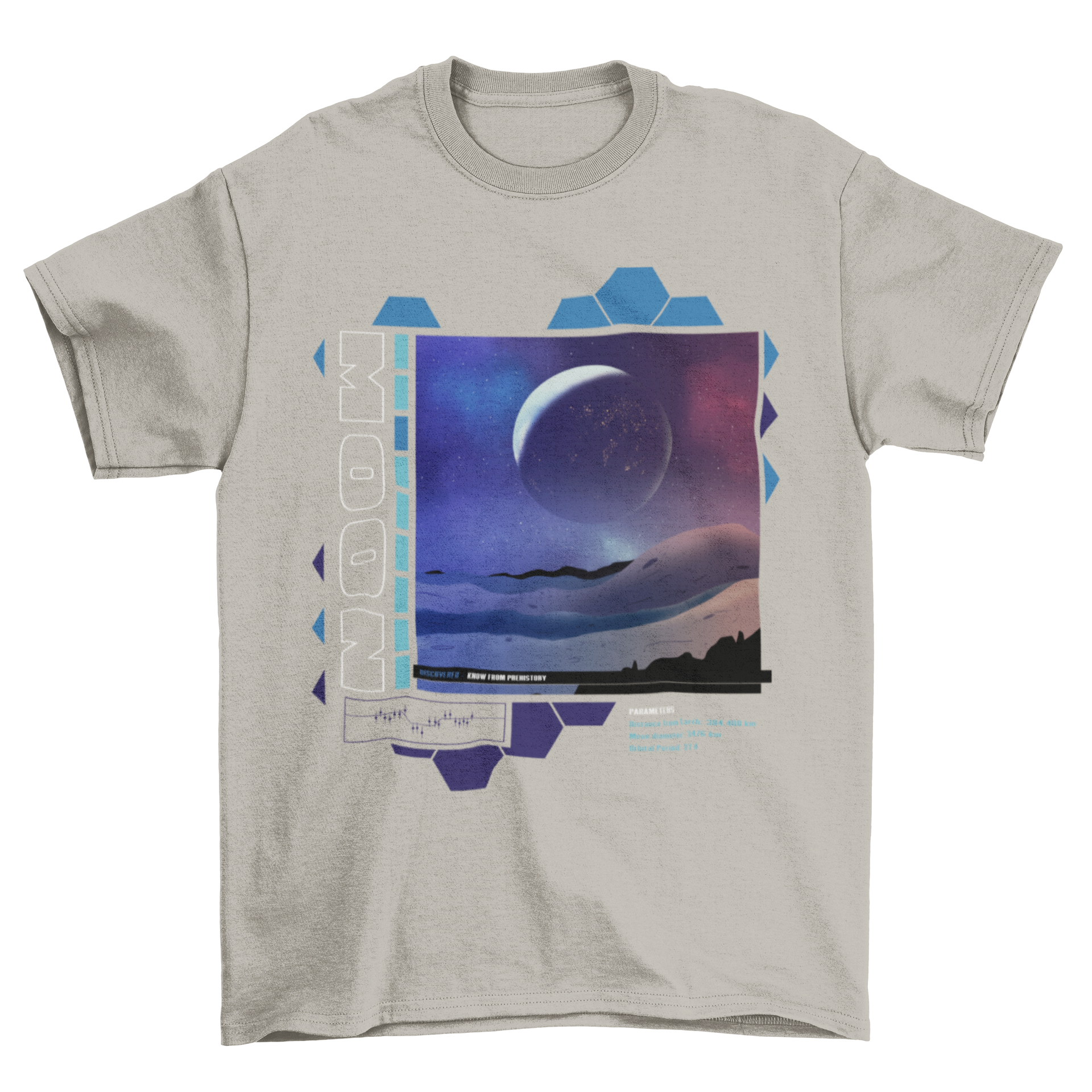 A stylish t-shirt design featuring a stunning view of Earth from the moon, showcasing vibrant colors and intricate details.