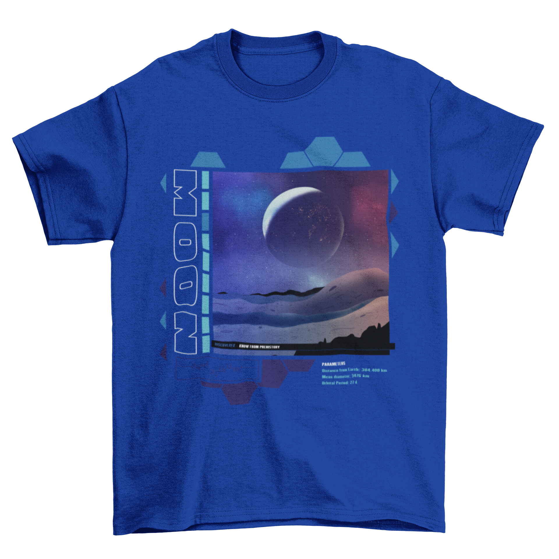 A stylish t-shirt design featuring a stunning view of Earth from the moon, showcasing vibrant colors and intricate details.