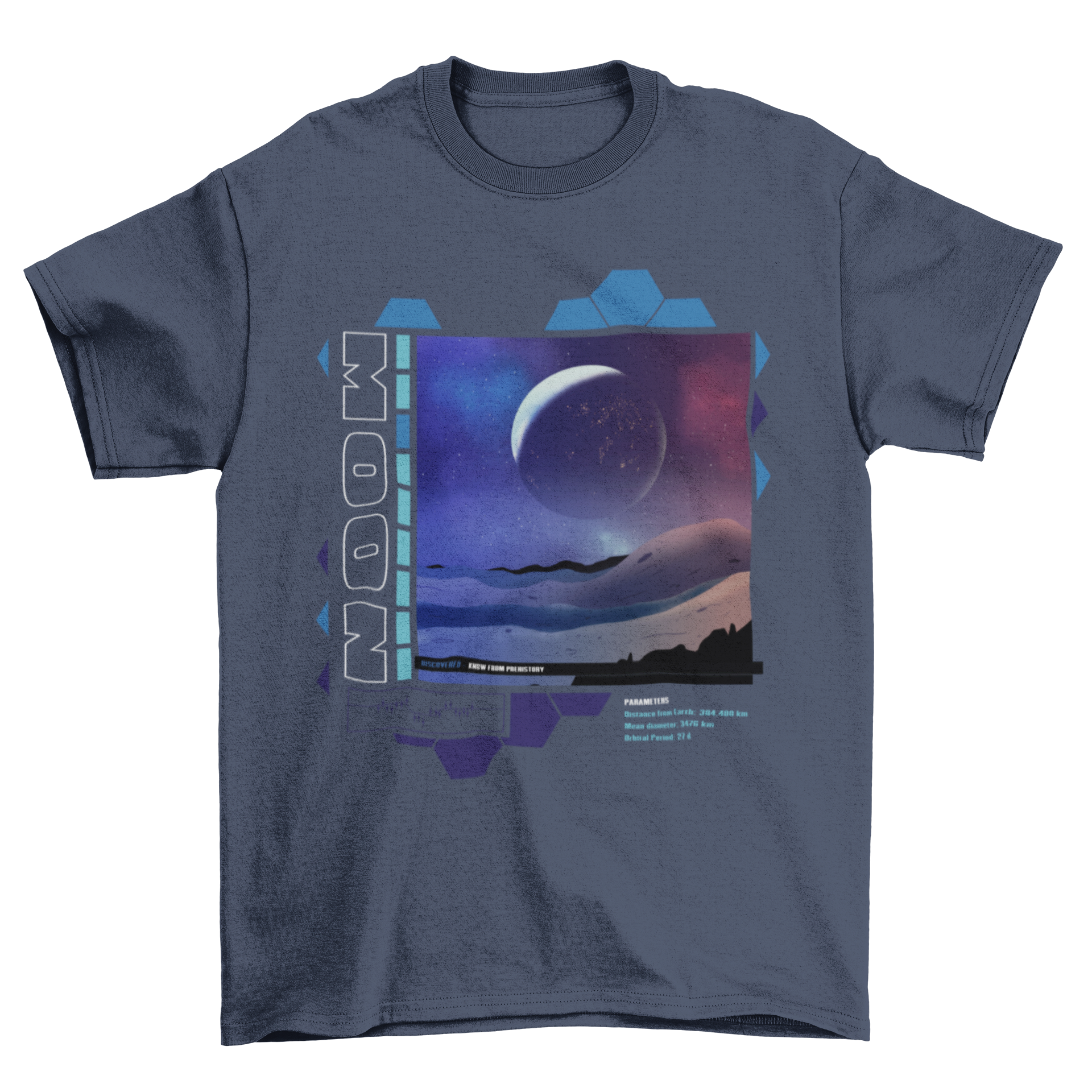 A stylish t-shirt design featuring a stunning view of Earth from the moon, showcasing vibrant colors and intricate details.