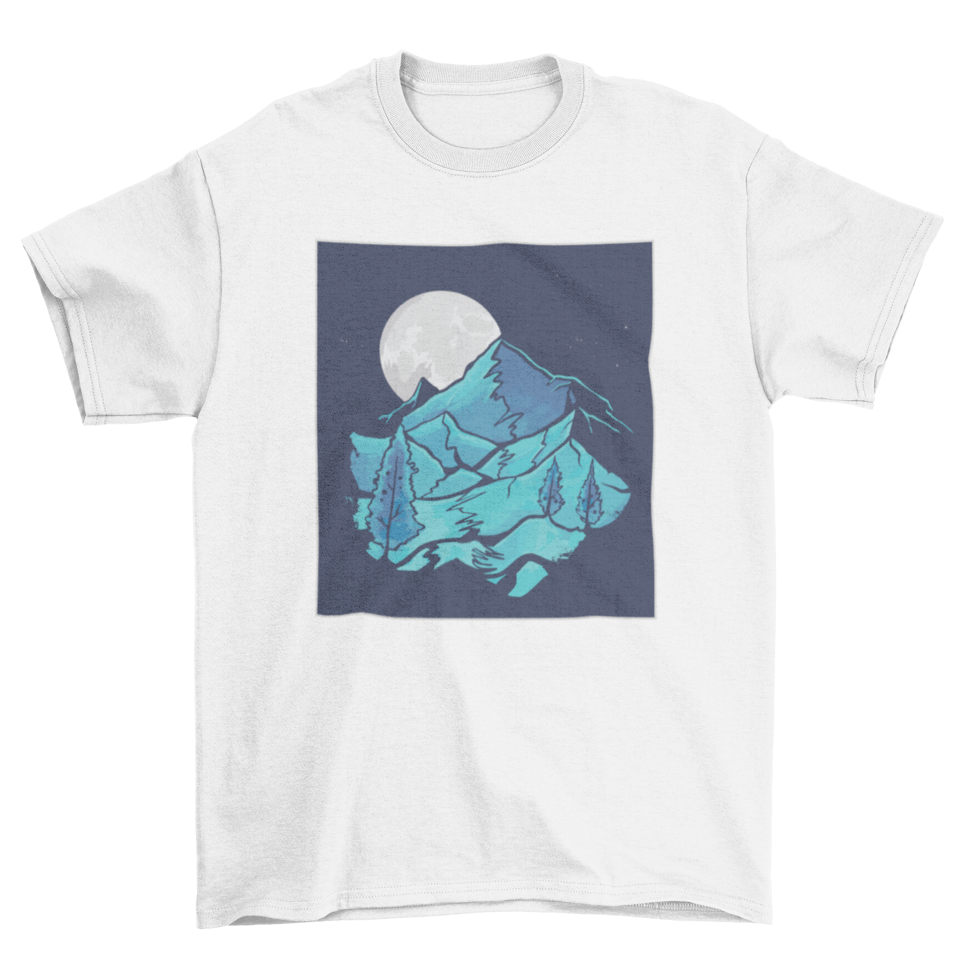 A beautiful t-shirt featuring a watercolor mountain landscape under a moonlit sky, showcasing nature's beauty.