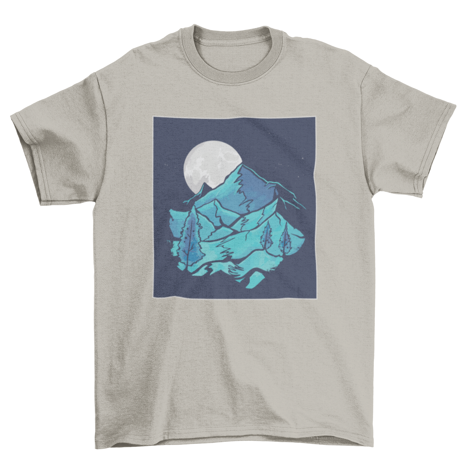 A beautiful t-shirt featuring a watercolor mountain landscape under a moonlit sky, showcasing nature's beauty.