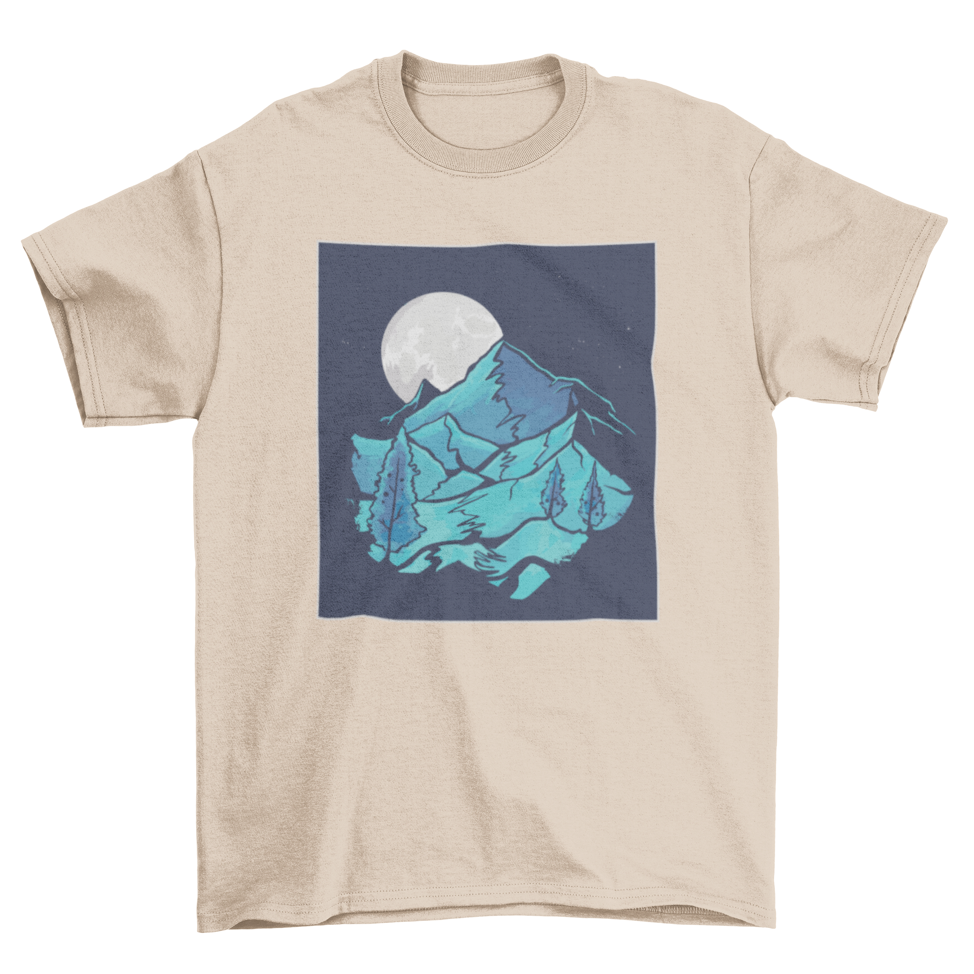 A beautiful t-shirt featuring a watercolor mountain landscape under a moonlit sky, showcasing nature's beauty.