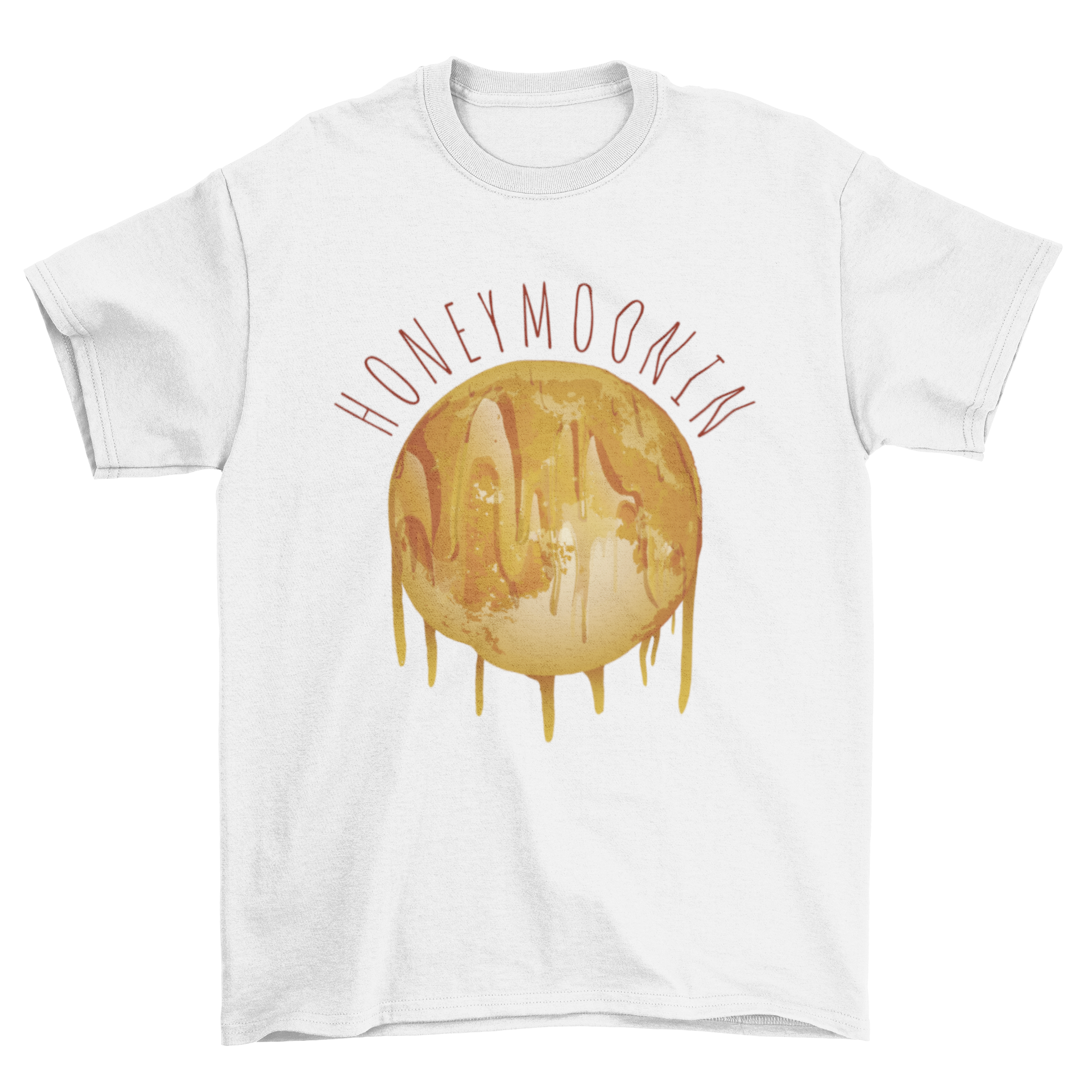 A stylish monochromatic t-shirt featuring a unique moon of honey design, perfect for casual wear.