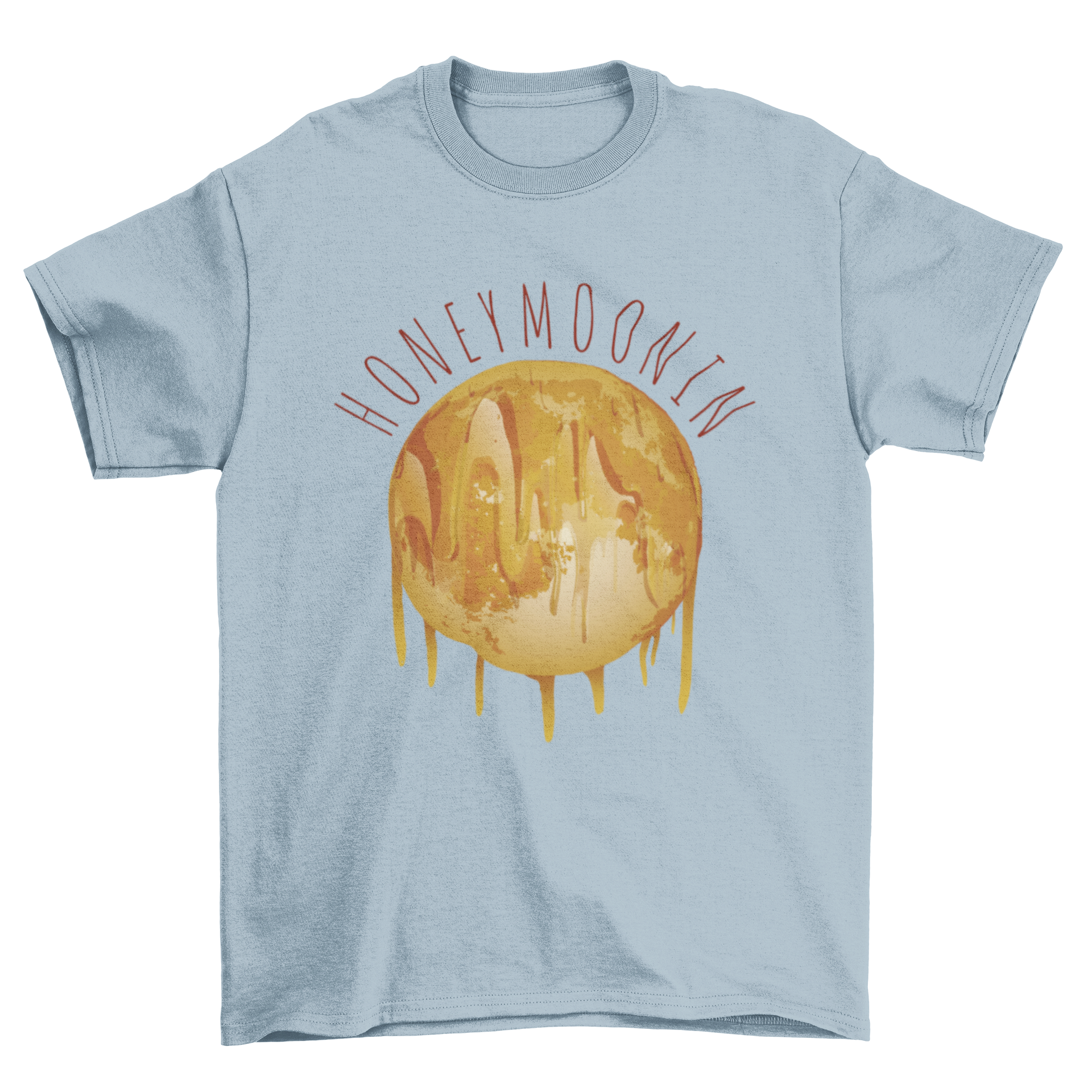 A stylish monochromatic t-shirt featuring a unique moon of honey design, perfect for casual wear.