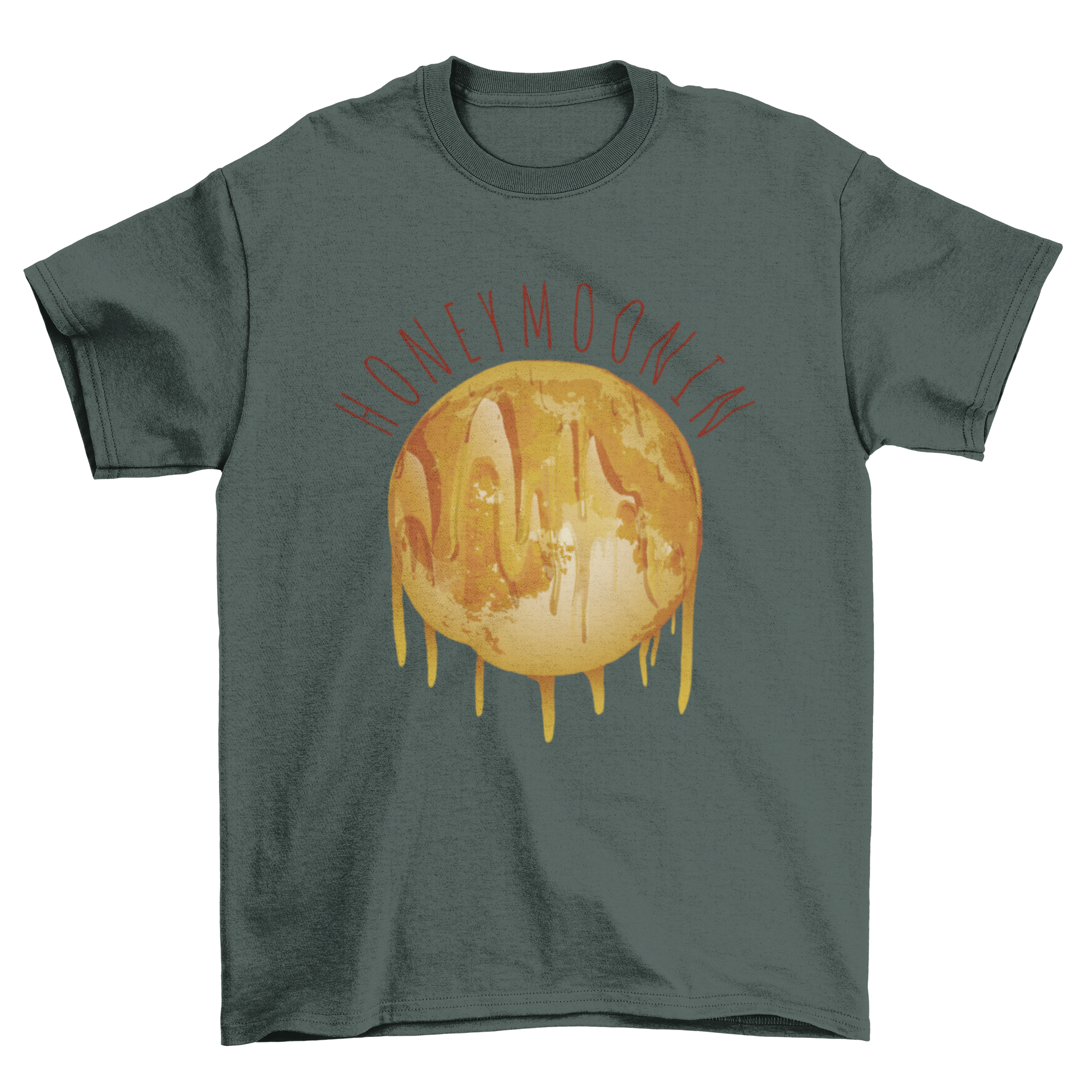 A stylish monochromatic t-shirt featuring a unique moon of honey design, perfect for casual wear.