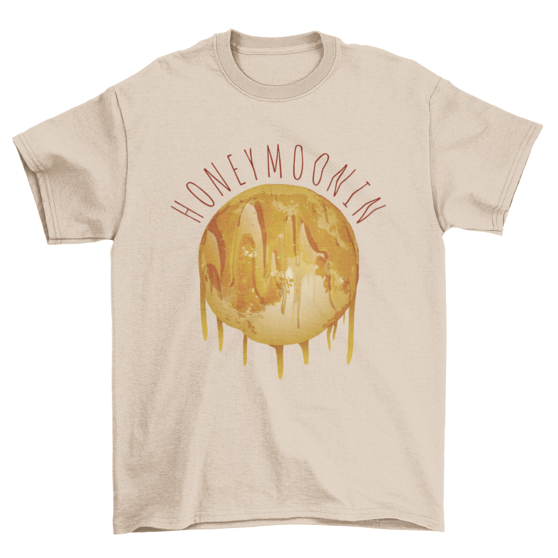 A stylish monochromatic t-shirt featuring a unique moon of honey design, perfect for casual wear.