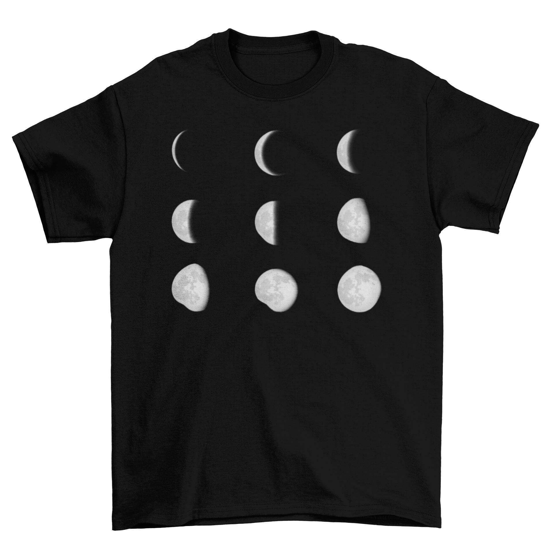 Moon Phases Space T-shirt featuring detailed lunar designs from new moon to full moon.