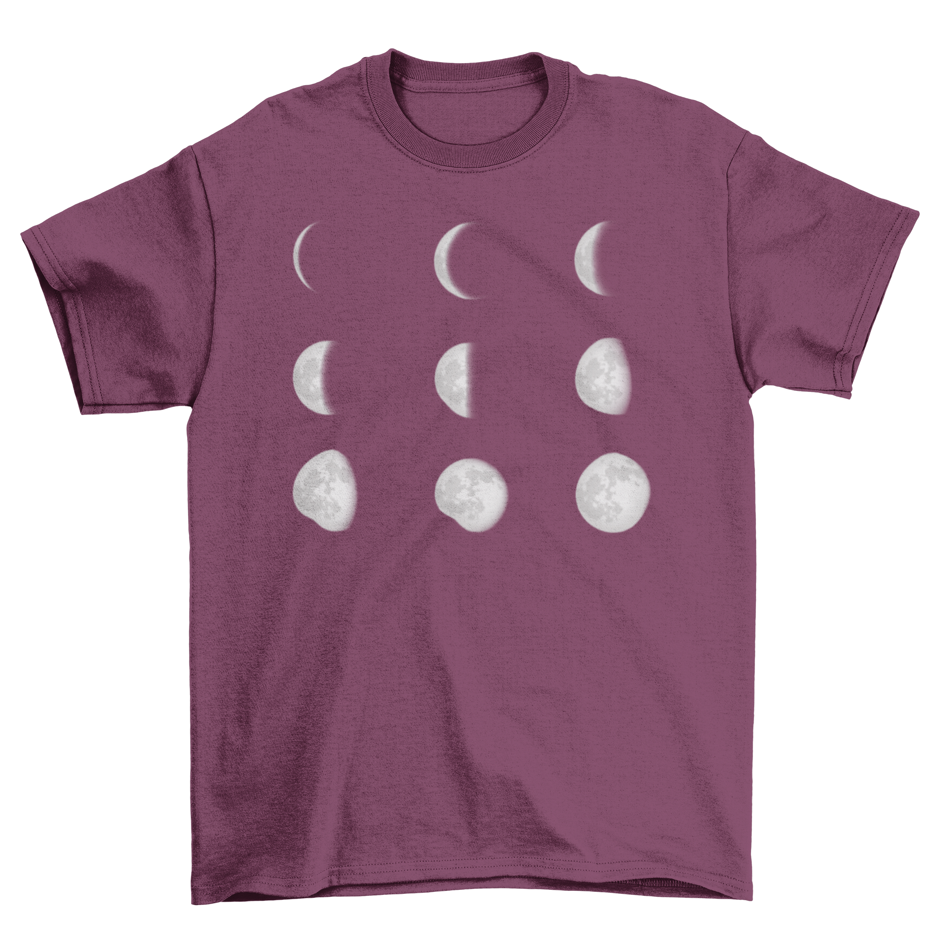 Moon Phases Space T-shirt featuring detailed lunar designs from new moon to full moon.