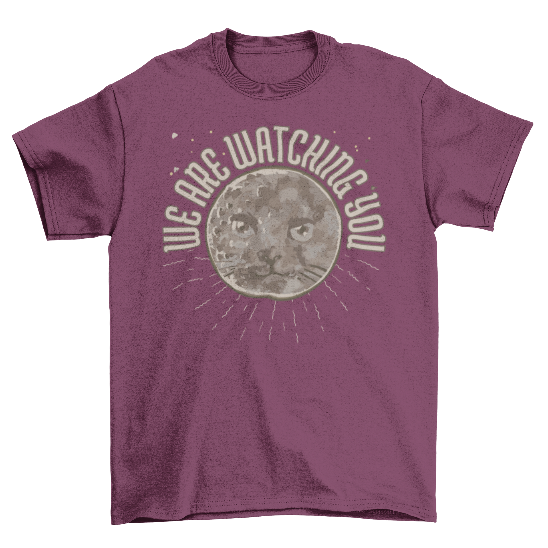 A whimsical t-shirt featuring a moon with a cat face and the quote 'We are watching you', perfect for cat lovers.