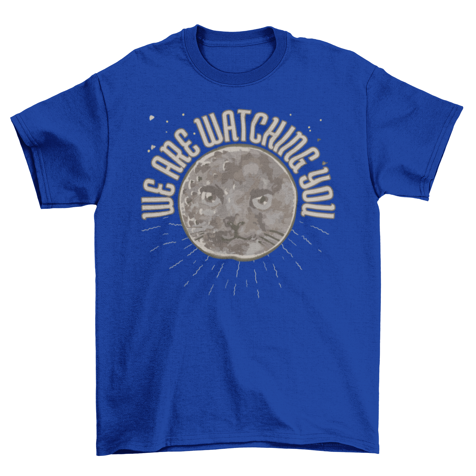 A whimsical t-shirt featuring a moon with a cat face and the quote 'We are watching you', perfect for cat lovers.