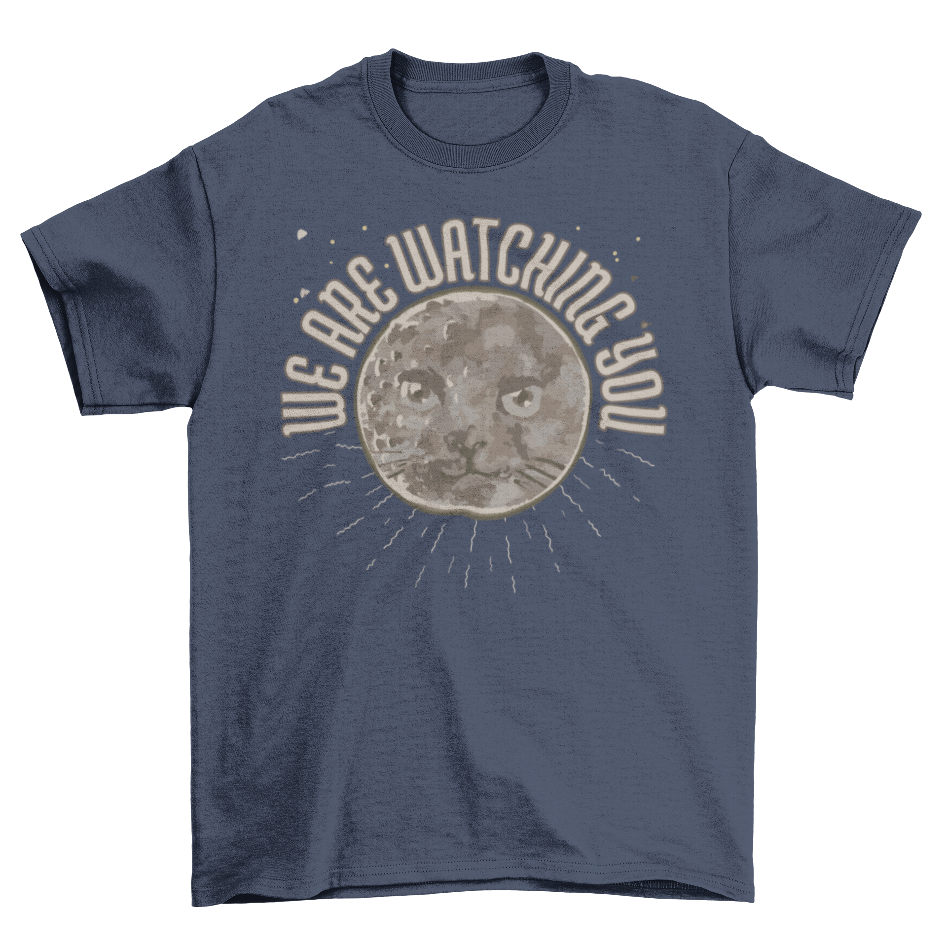 A whimsical t-shirt featuring a moon with a cat face and the quote 'We are watching you', perfect for cat lovers.