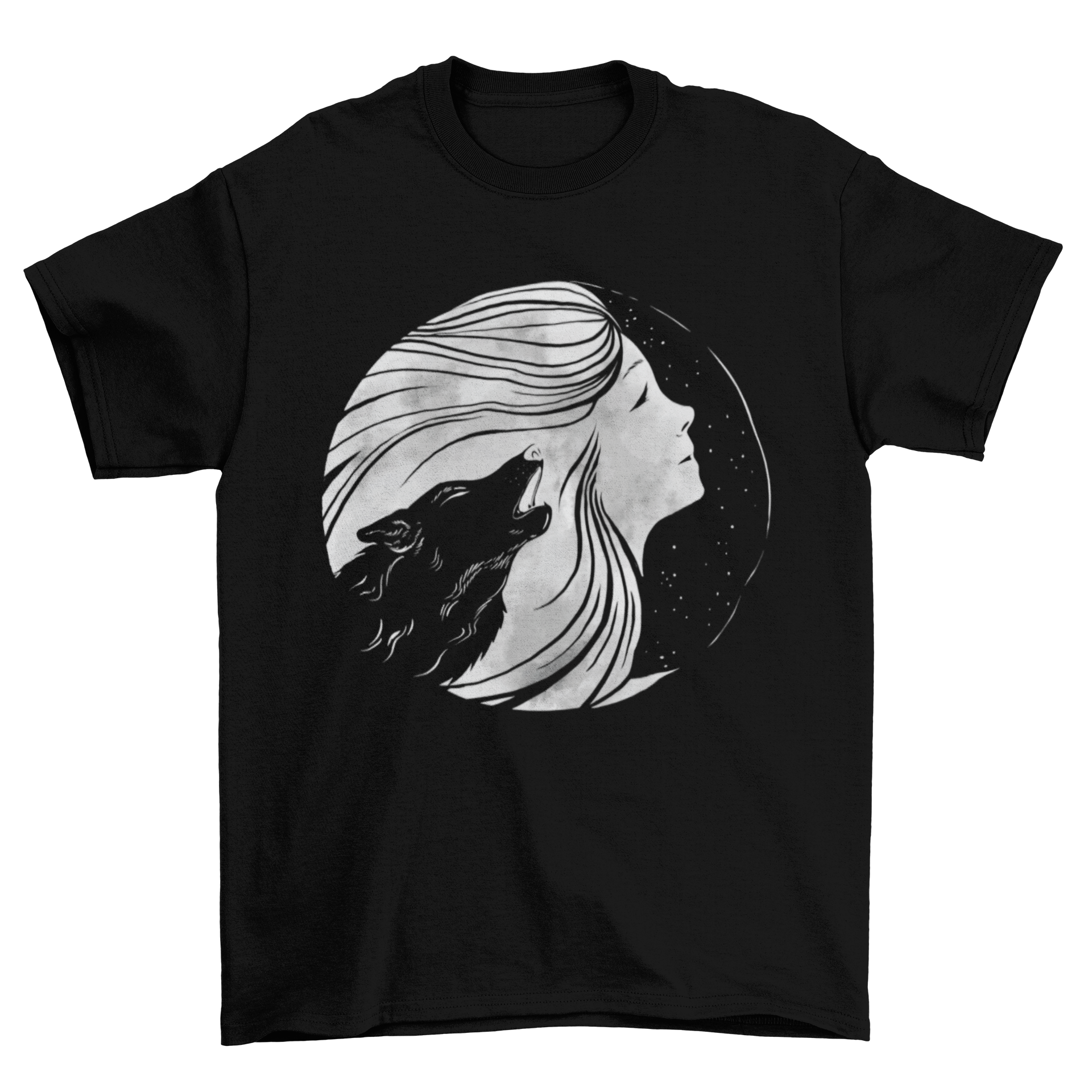 Moon Woman T-Shirt Design featuring a wolf howling at the moon with a beautiful woman in the background.