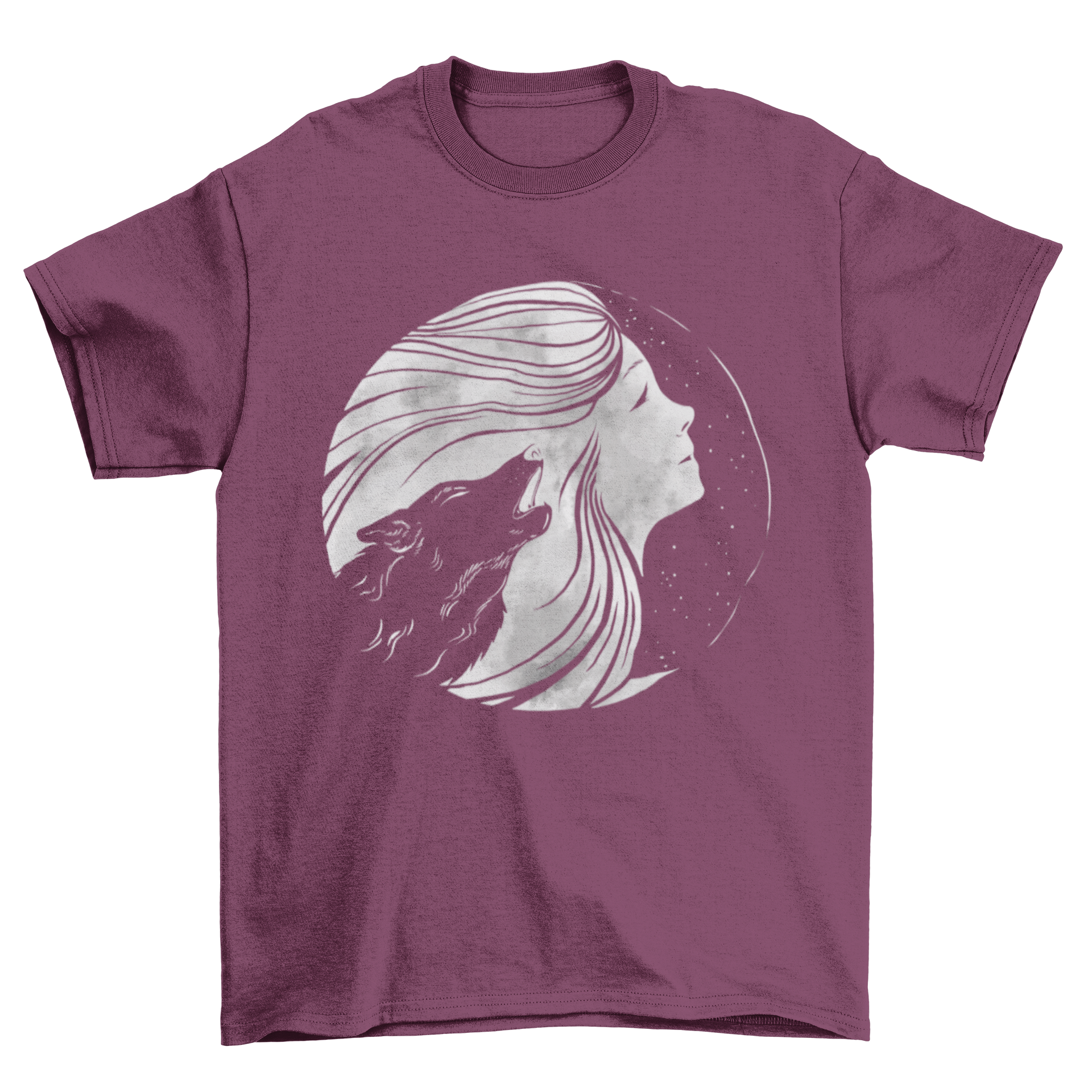 Moon Woman T-Shirt Design featuring a wolf howling at the moon with a beautiful woman in the background.