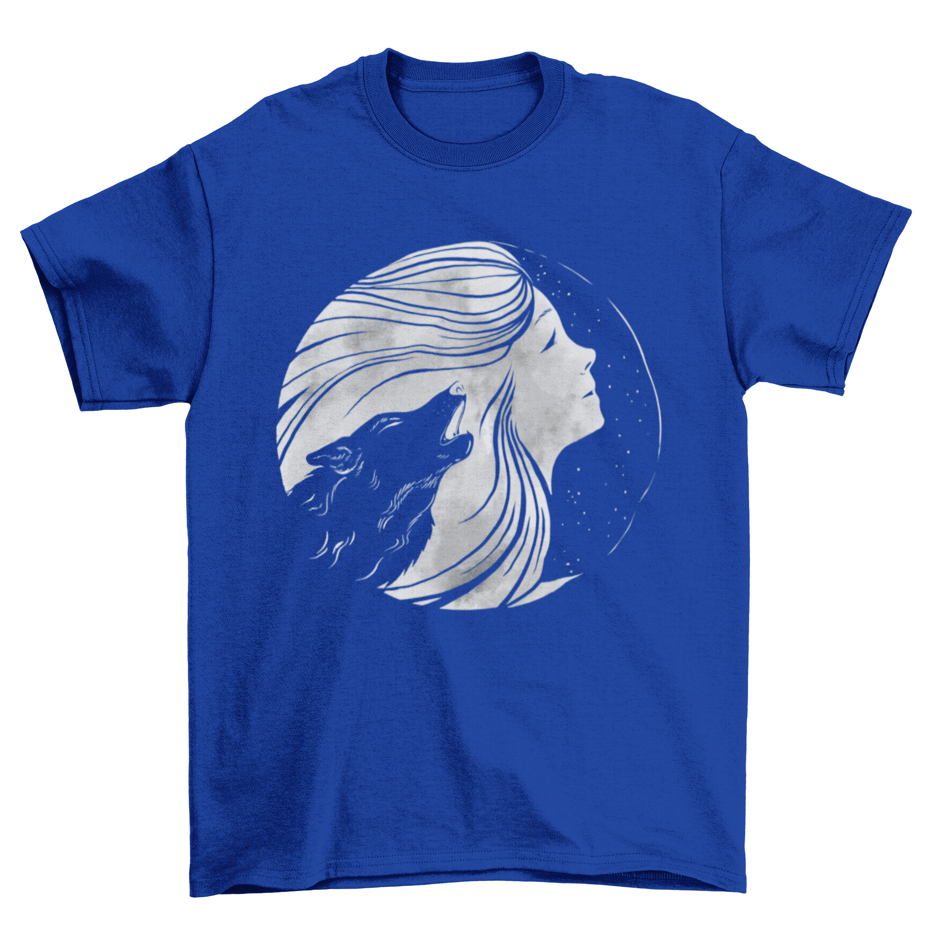 Moon Woman T-Shirt Design featuring a wolf howling at the moon with a beautiful woman in the background.