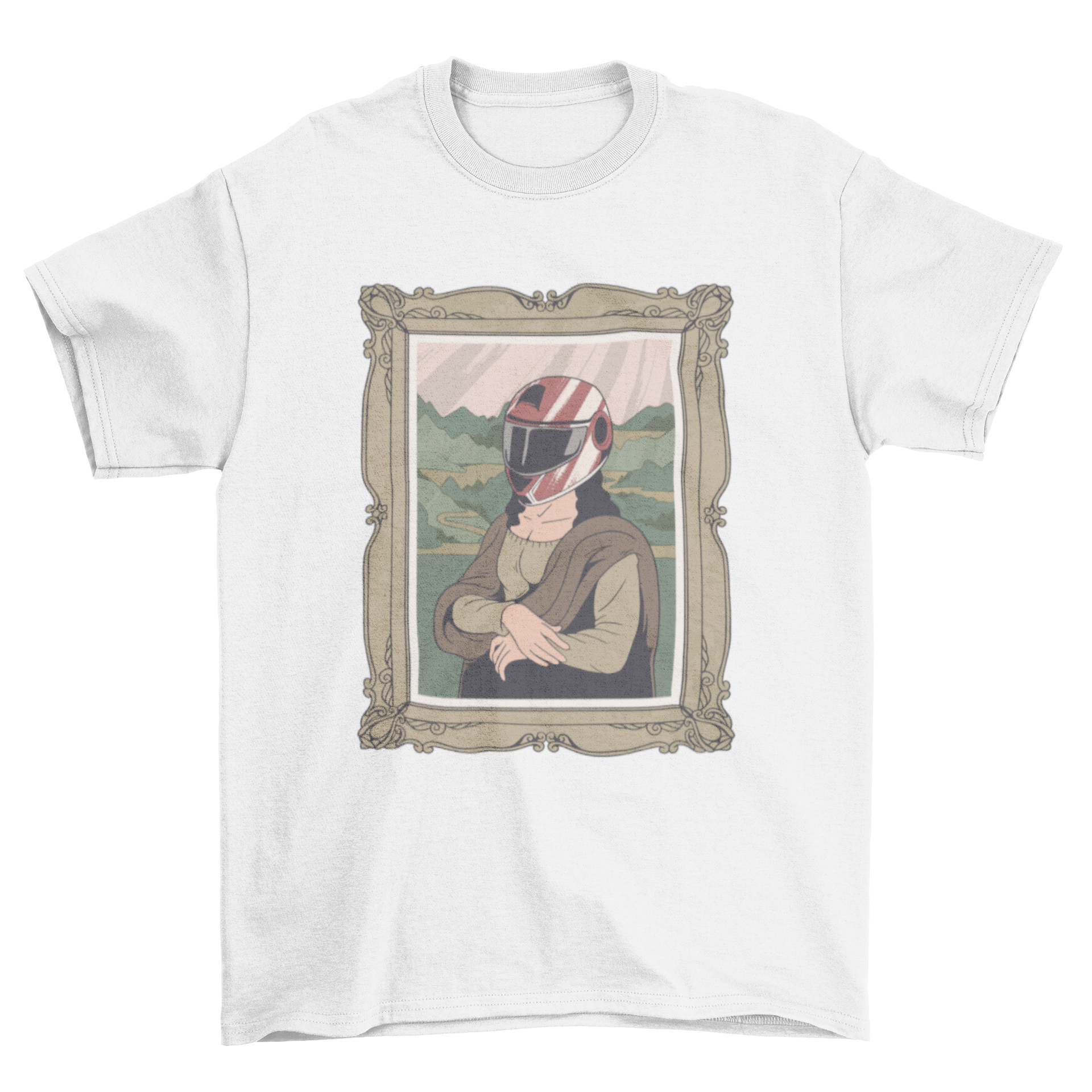 Mona Lisa wearing a biker's helmet on a stylish T-shirt design.