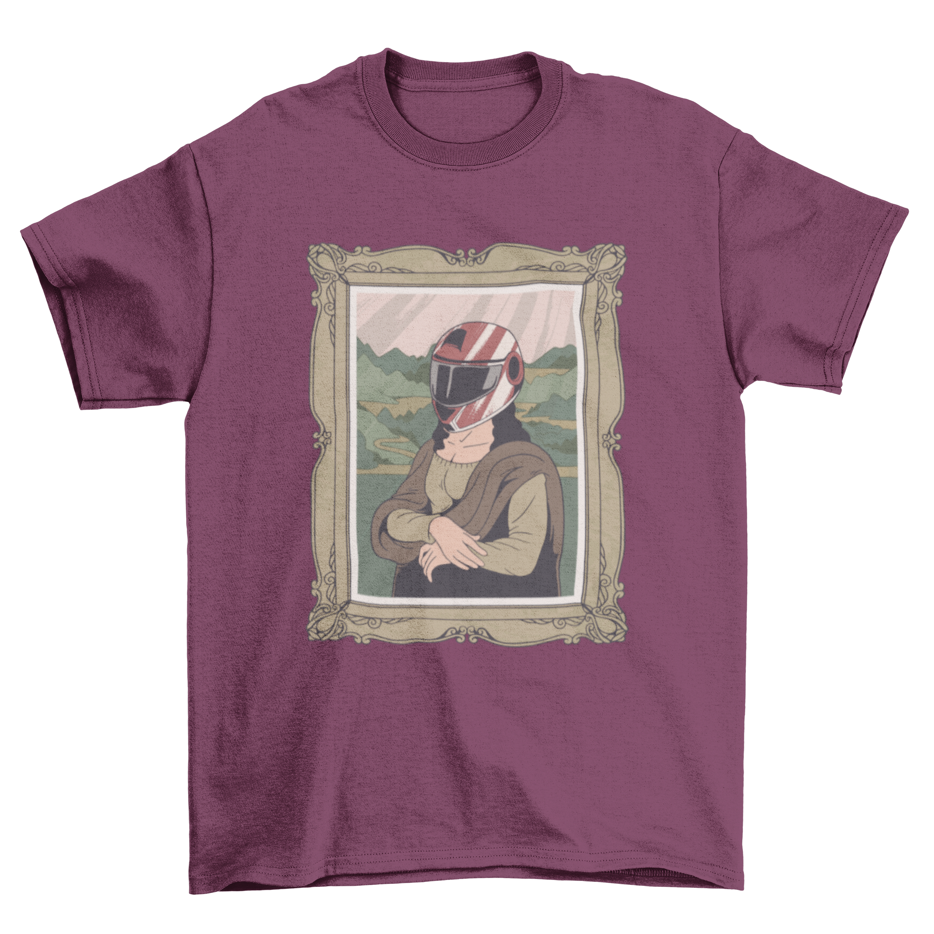 Mona Lisa wearing a biker's helmet on a stylish T-shirt design.