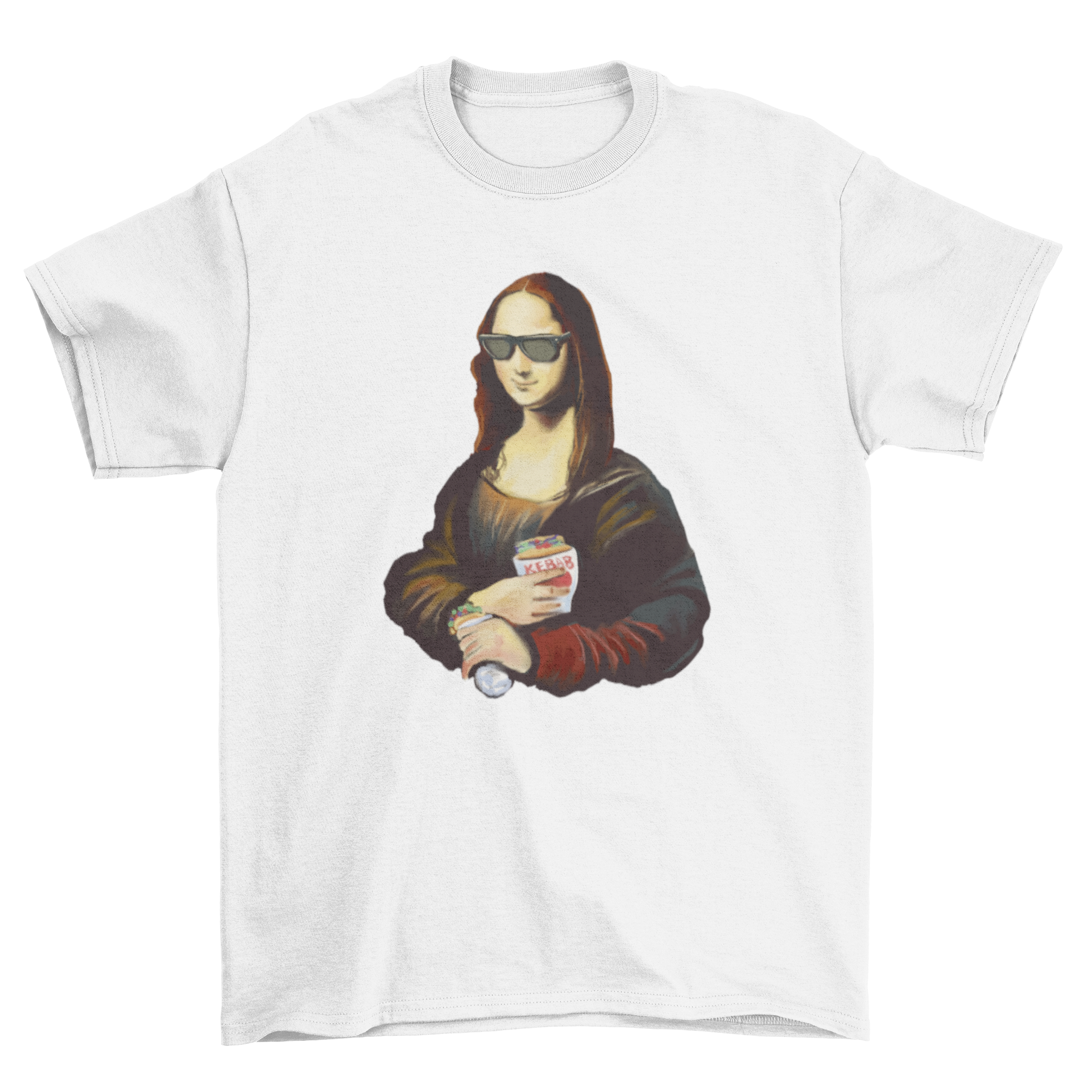 Mona Lisa holding a kebab and wearing sunglasses on a t-shirt design.