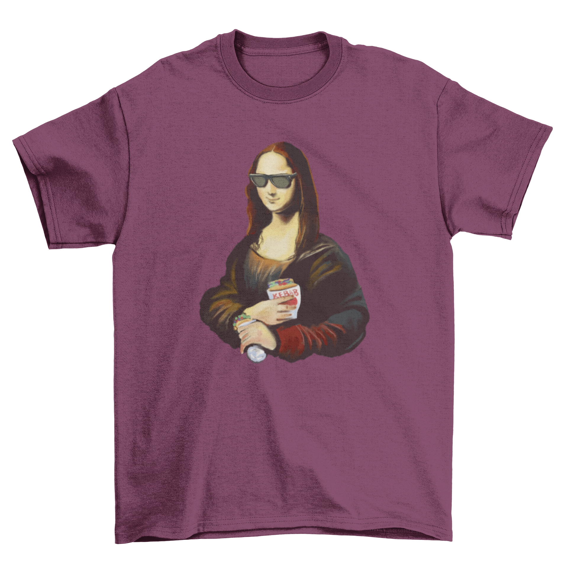 Mona Lisa holding a kebab and wearing sunglasses on a t-shirt design.