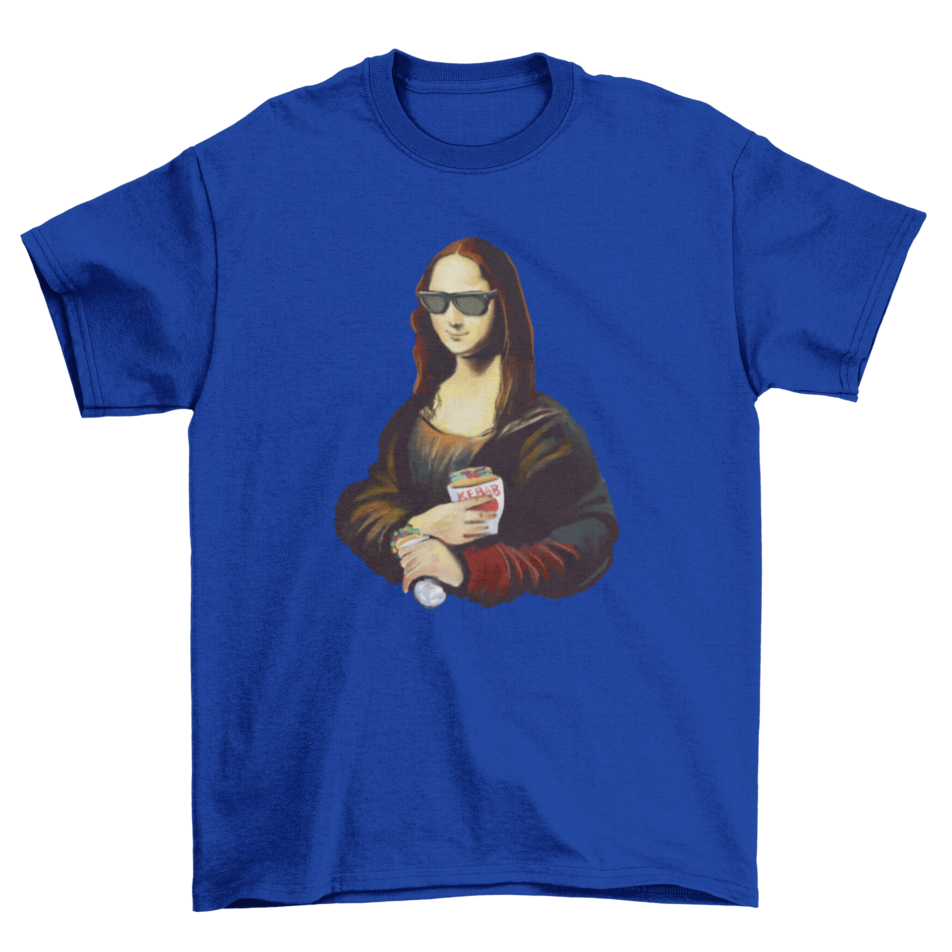 Mona Lisa holding a kebab and wearing sunglasses on a t-shirt design.