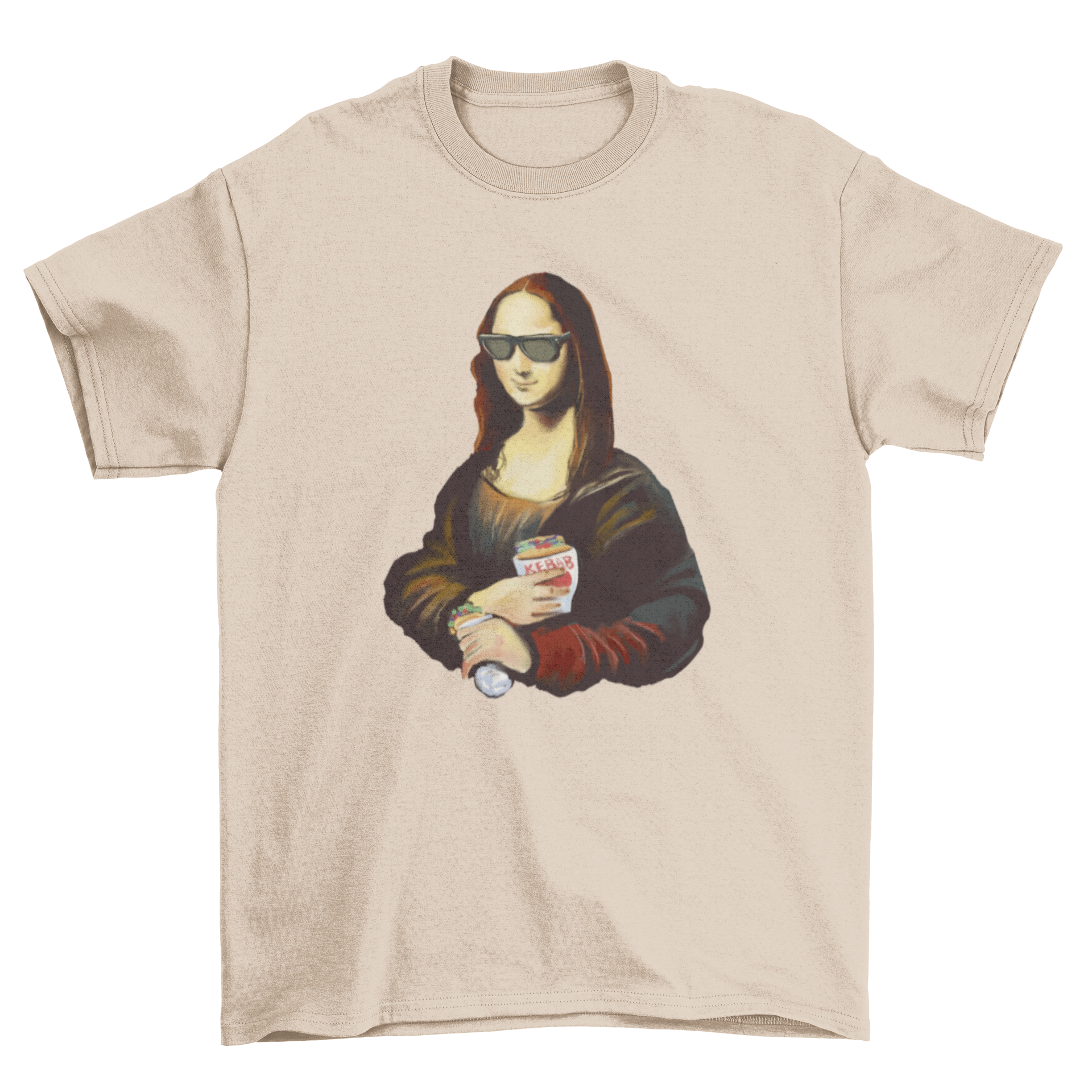 Mona Lisa holding a kebab and wearing sunglasses on a t-shirt design.