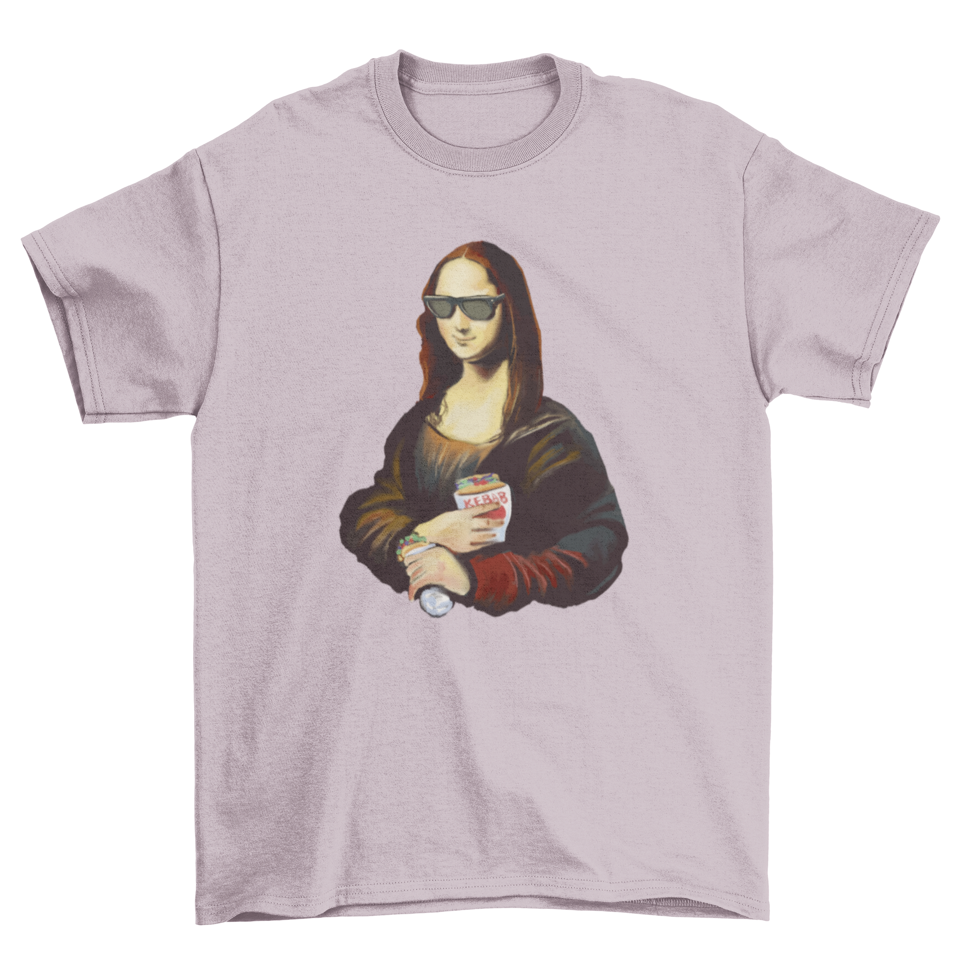 Mona Lisa holding a kebab and wearing sunglasses on a t-shirt design.