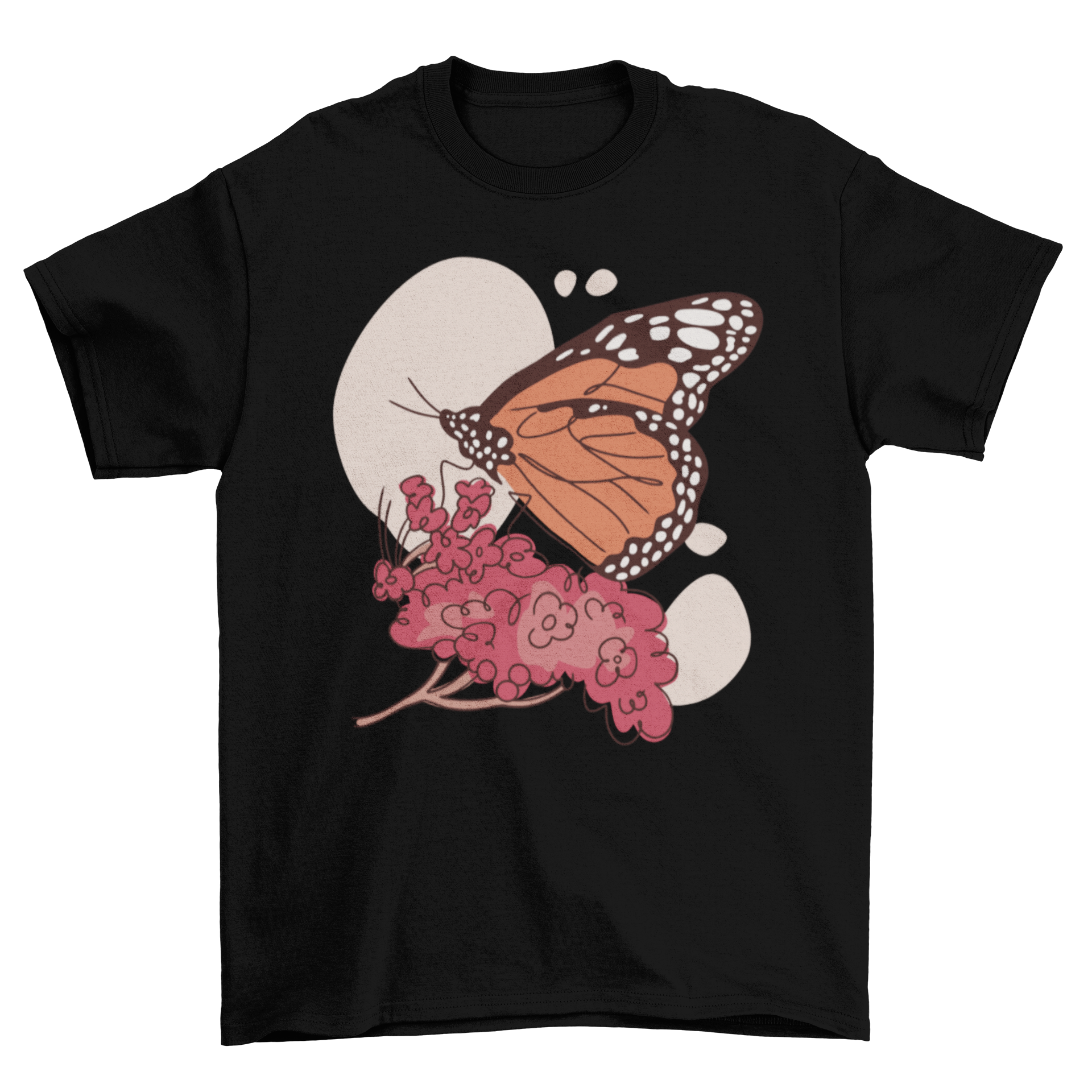 A stylish t-shirt featuring a hand-drawn monarch butterfly on milkweed, showcasing vibrant colors and intricate details.