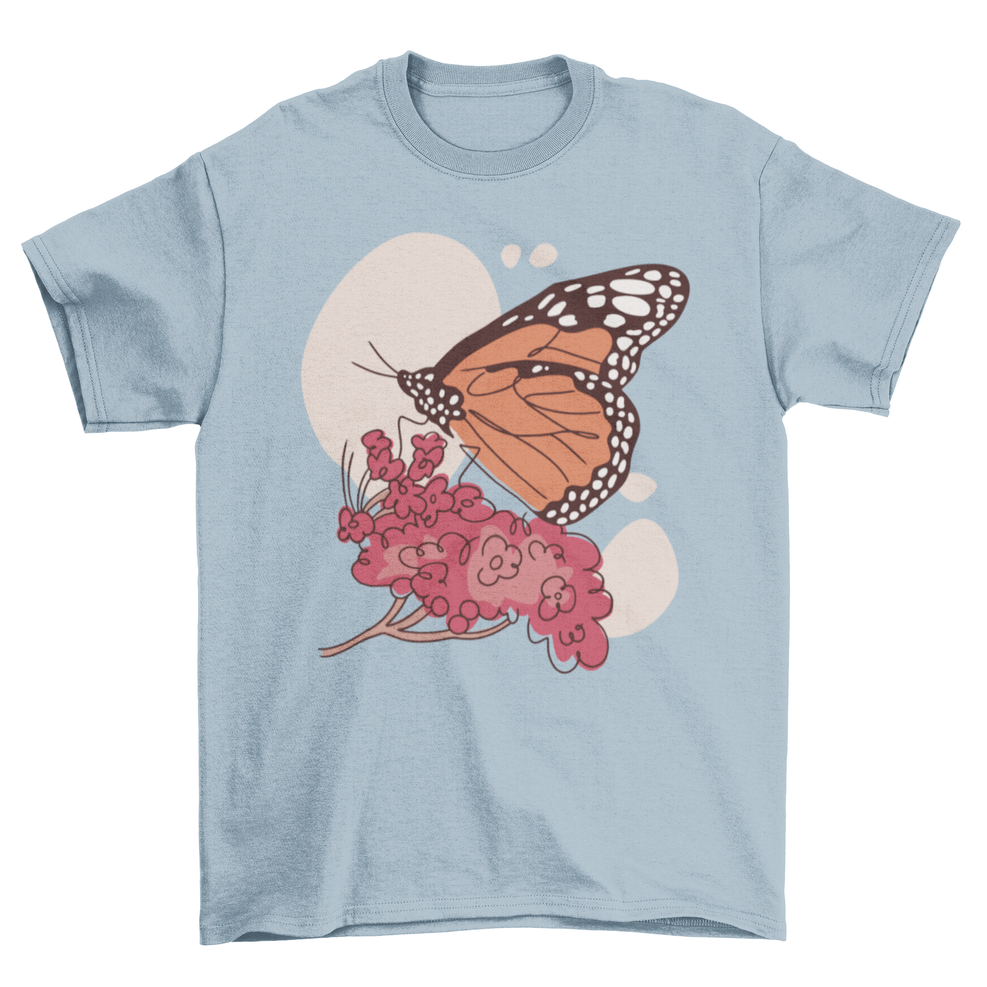 A stylish t-shirt featuring a hand-drawn monarch butterfly on milkweed, showcasing vibrant colors and intricate details.